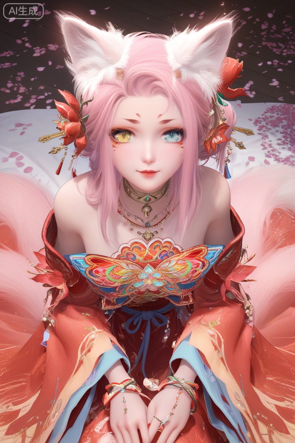 score_9,score_8_up,score_7_up,1girl,solo,looking at viewer,long hair,blue eyes,hair ornament,bare shoulders,wide sleeves,red dress,dress,jewelry,yellow eyes,pink hair,hair flower,animal ear fluff,fox ears,heterochromia,facial mark,veil,facing viewer,faceoff,bed,flower,petals,(fetal_position:1.3),from above