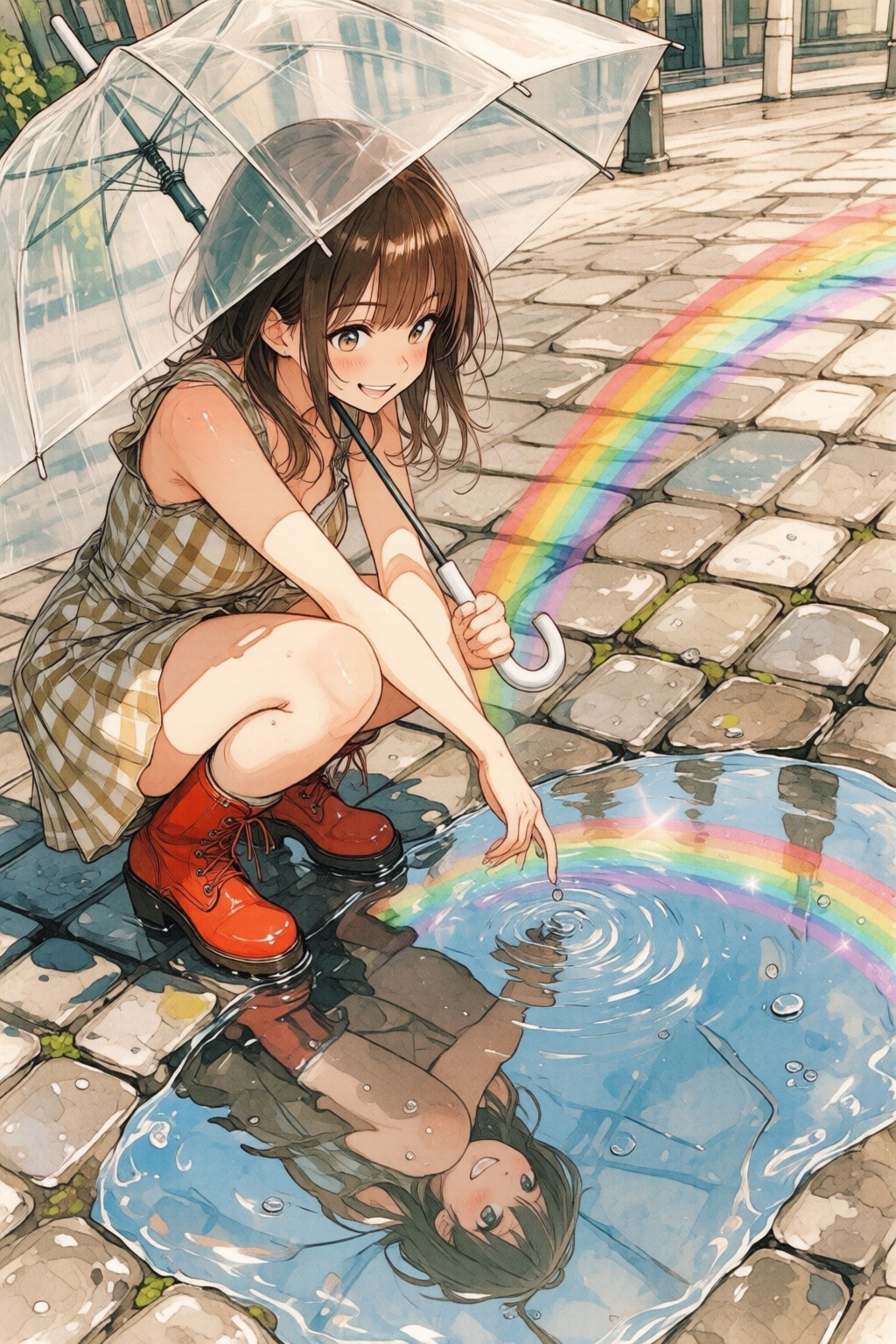 nijiwatercolor1q anime illustration. Low angle view of a girl in a checked dress and red boots smiles as she looks into a...