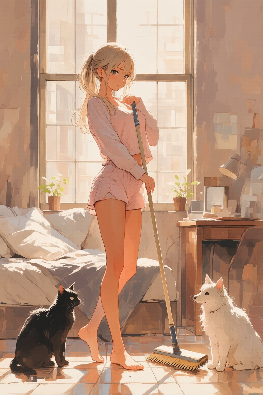 nijiwatercolor1q anime illustration. A young woman is standing in a sunlit room,  holding a broom. She is dressed in a lig...