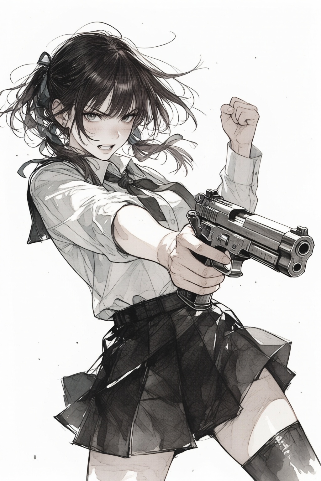 nijiwatercolor1q watercolor illustration. Black-and-white low-angle image of an intense young woman,  shown in 3/4 view,...
