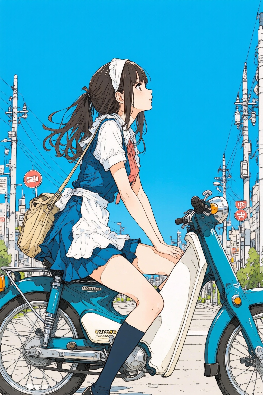 nijiwatercolor1q anime illustration. A young woman,  shown in side profile,  is riding a blue moped on a bright on Tensor.Art