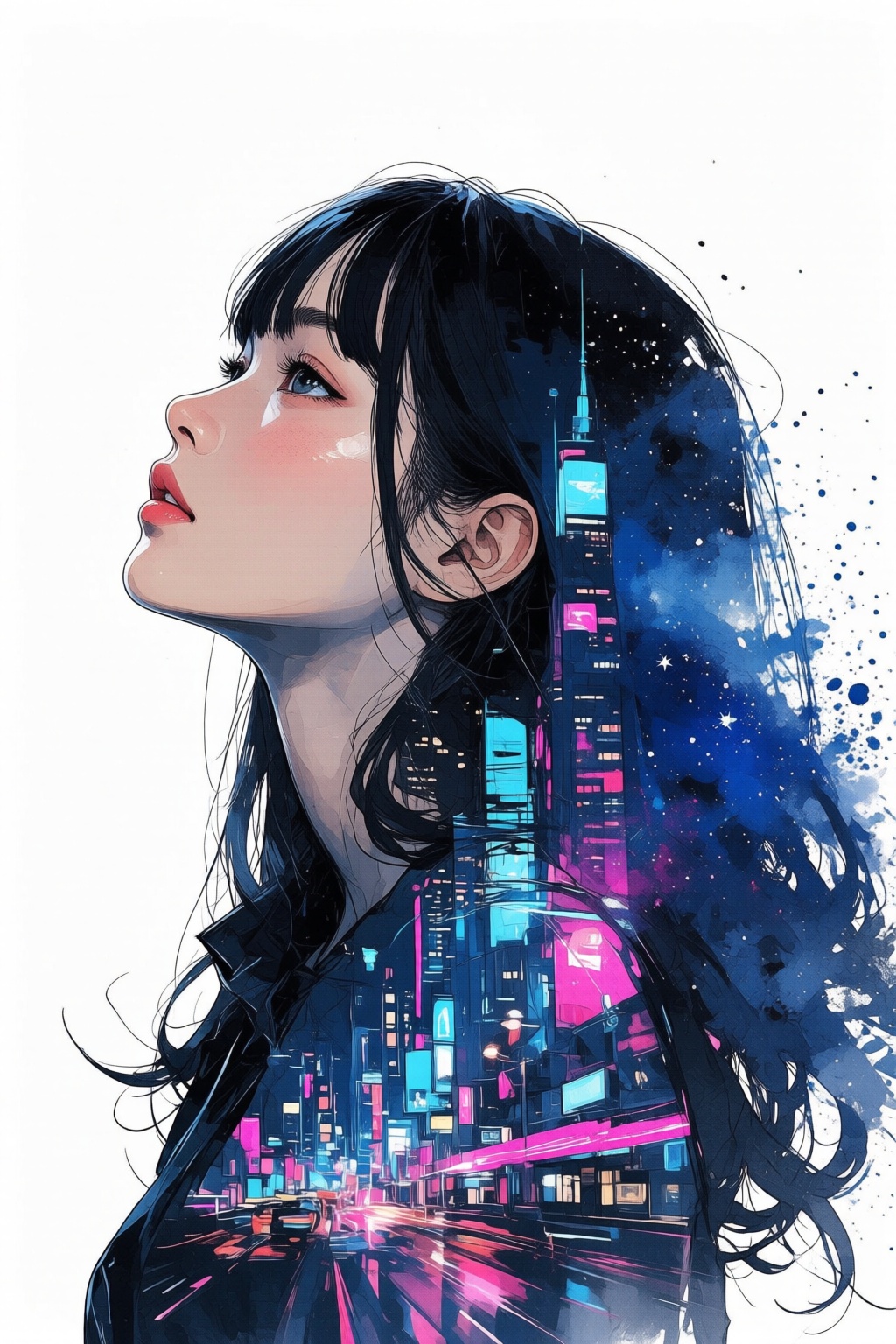 nijiwatercolor1q watercolor illustration. Close-up of a young East Asian woman,  shown in side profile,  with long on Tens...