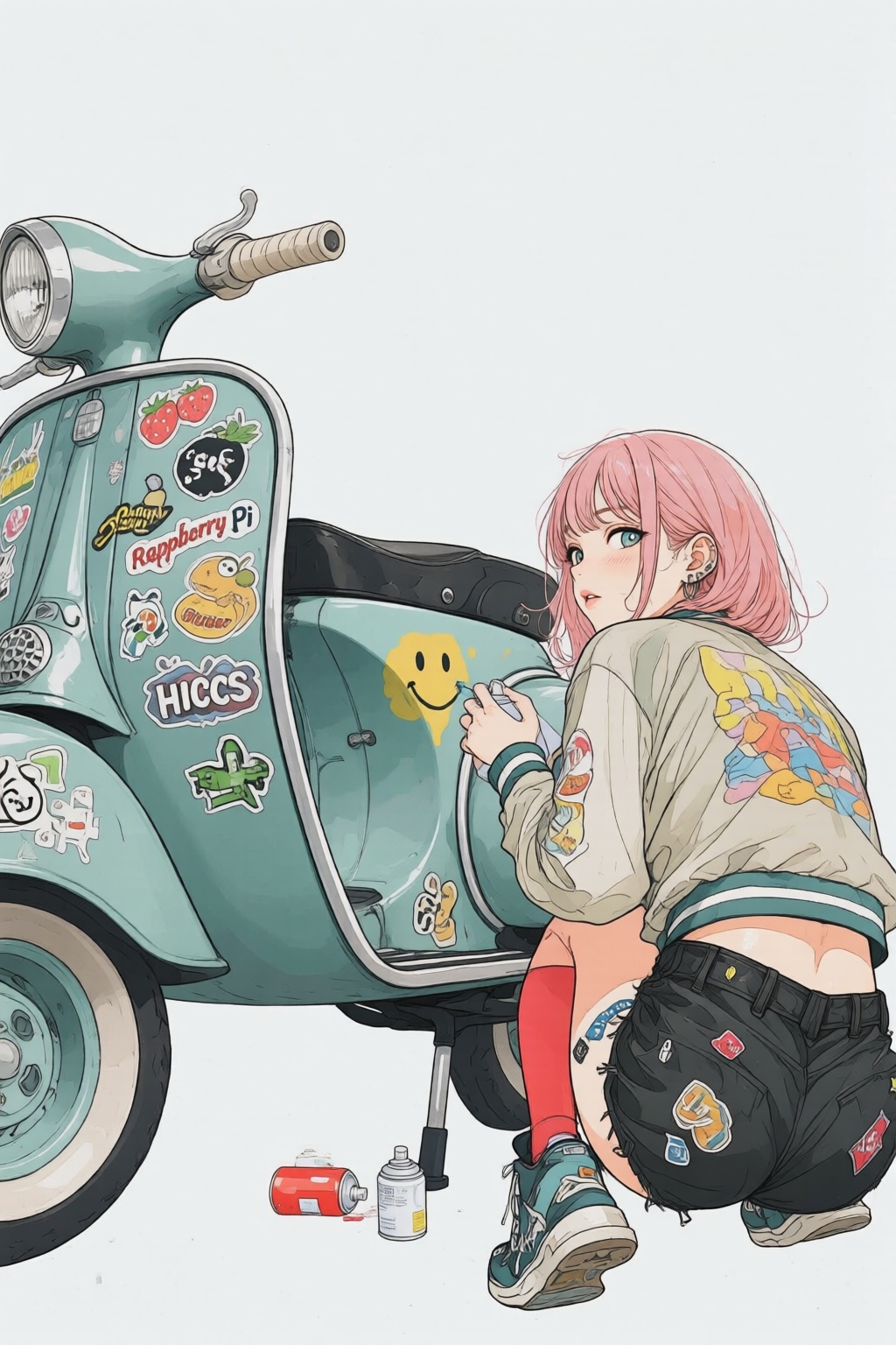 nijiwatercolor1q anime illustration. Backview of a young woman with pink hair,  wearing a light-colored jacket with a larg...
