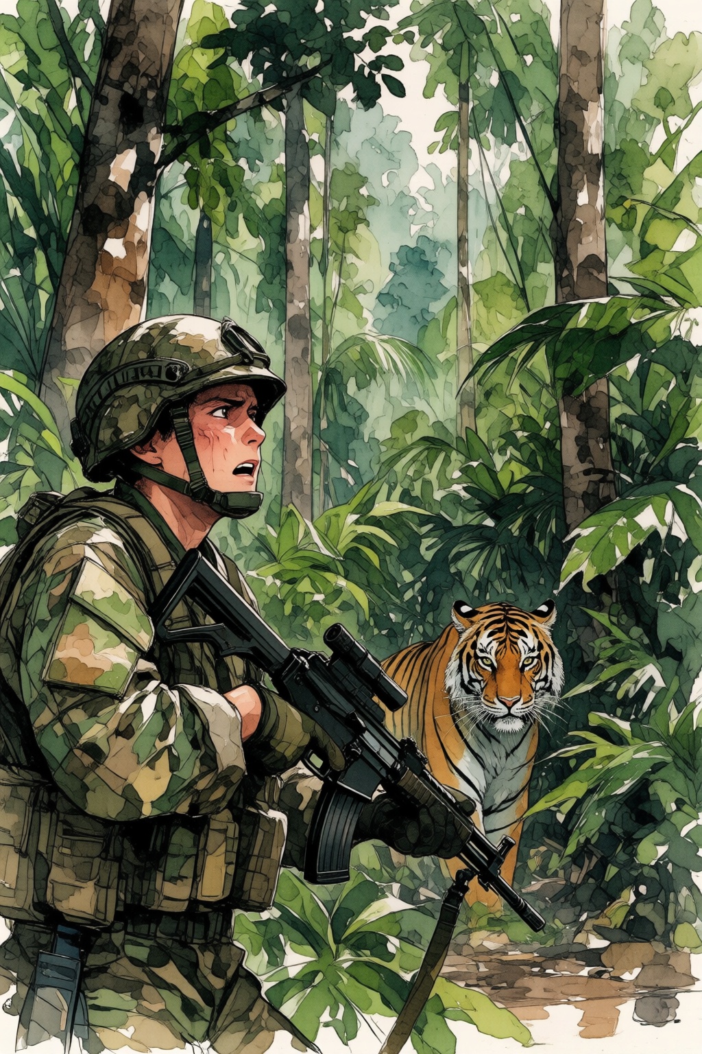 nijiwatercolor1q Anime watercolor illustration. Create a tense jungle scene set in Vietnam,  featuring a dense,  lush envi...