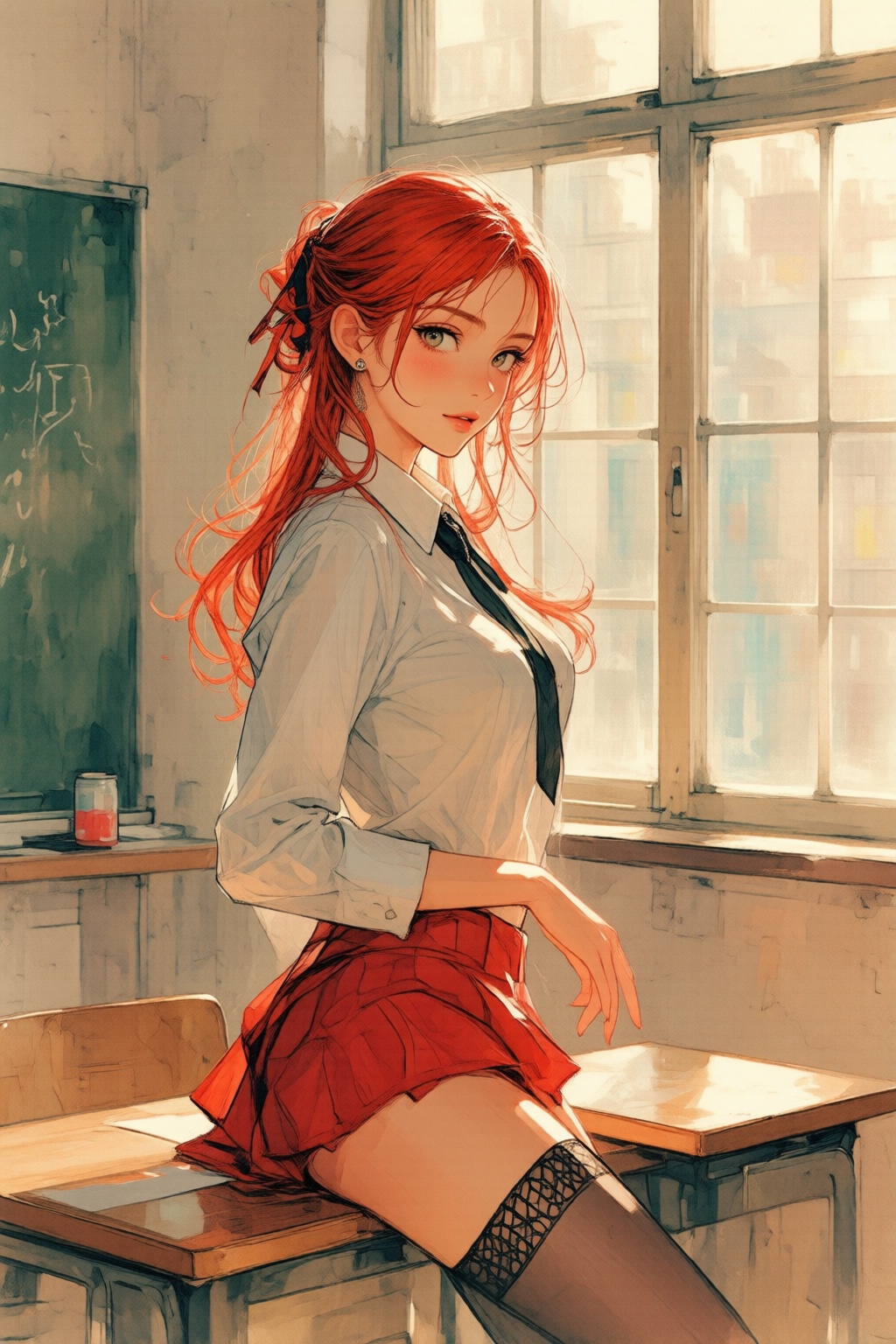 nijiwatercolor1q anime illustration. A young woman with long,  wavy red hair,  wearing a white blouse with a black tie and...