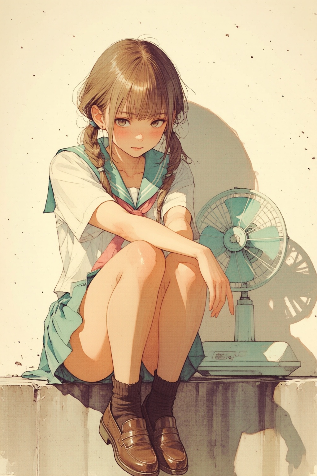 nijiwatercolor1q anime illustration. A girl is sitting on a concrete surface,  leaning forward slightly. She has light bro...