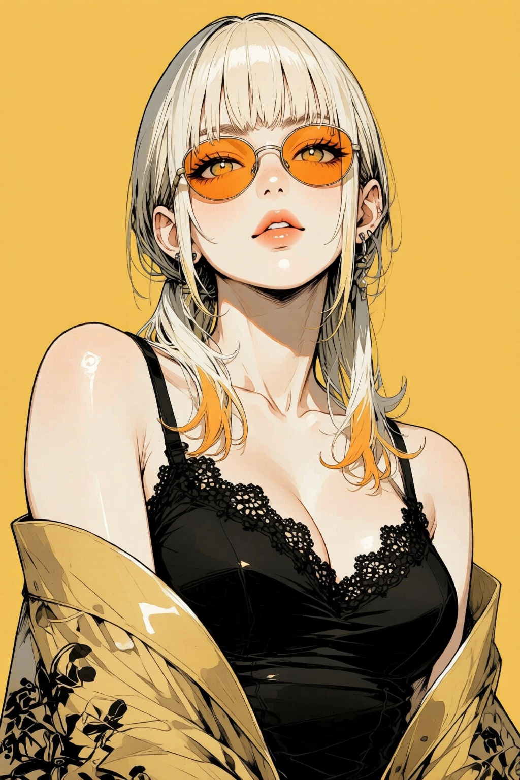nijiwatercolor1q anime illustration. A woman with long,  blonde hair and orange sunglasses. She is wearing a dark sleevele...