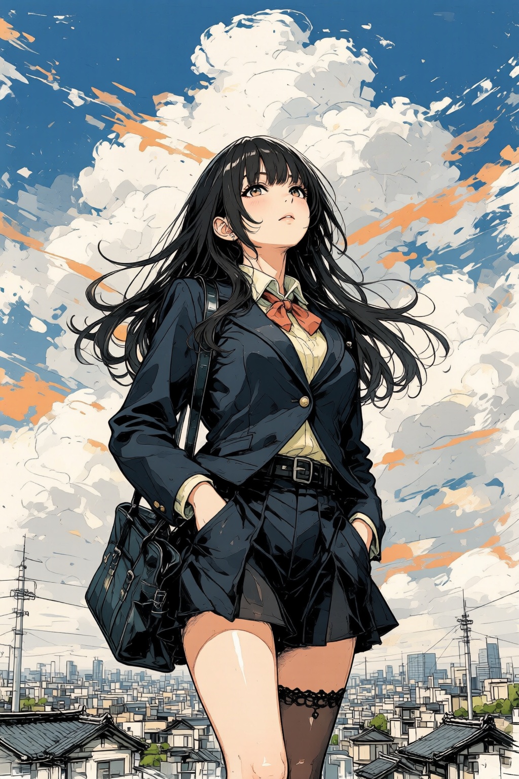 nijiwatercolor1q anime illustration. A low-angle view of a high school girl with long,  flowing black hair,  standing conf...