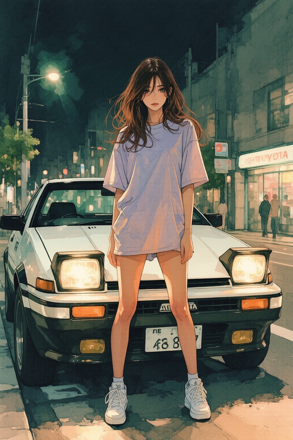 nijiwatercolor1q watercolor illustration. Wide-angle full-length shot of a young woman with long,  bushy brown hair and a...