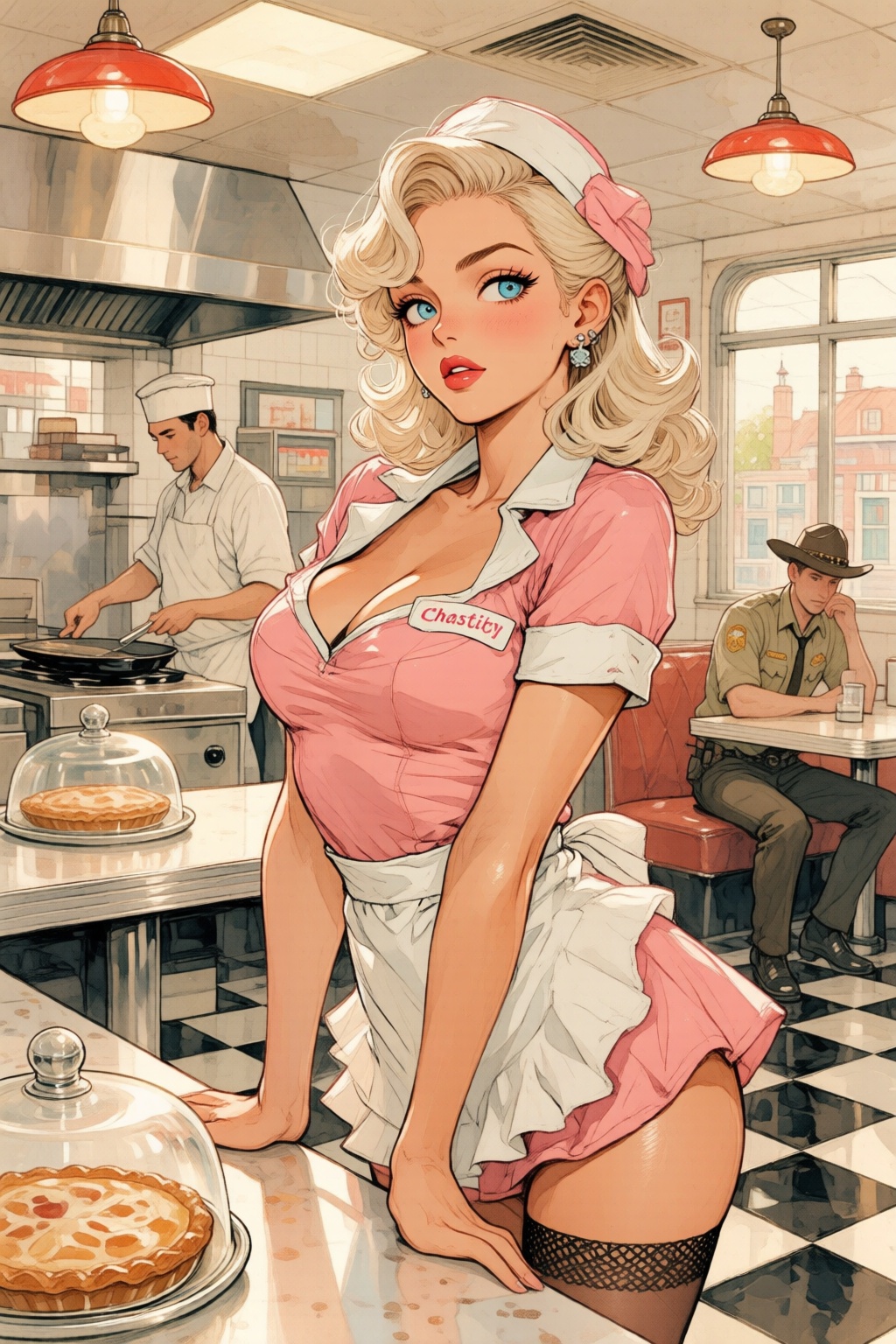 nijiwatercolor1q anime illustration. Silmas. A waitress named Chastity standing behind the formica counter of a sun-drench...
