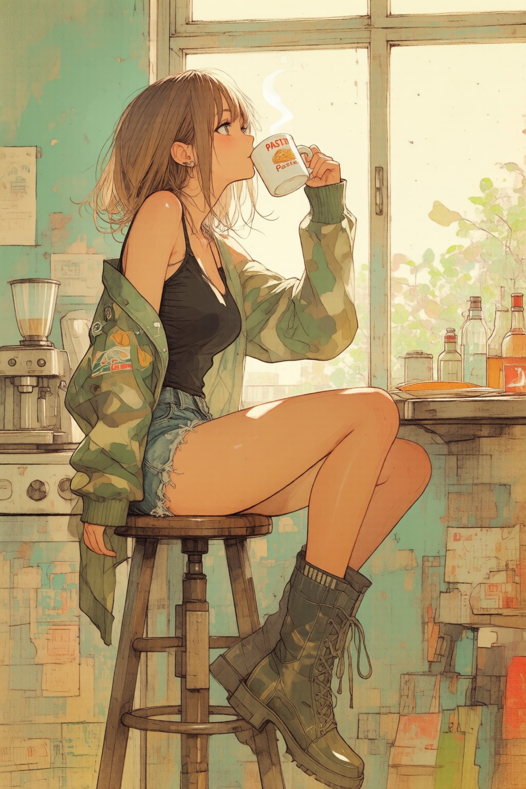 nijiwatercolor1q anime illustration. A young woman,  shown in side profile,  is sitting on a wooden stool in a messy kitch...