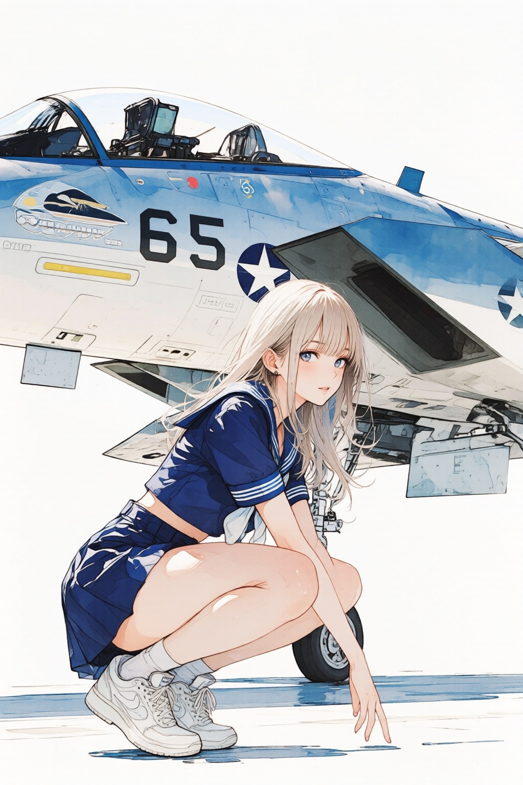 nijiwatercolor1q anime illustration. A young woman with long blonde hair,  wearing a blue sailor-style outfit and white sn...