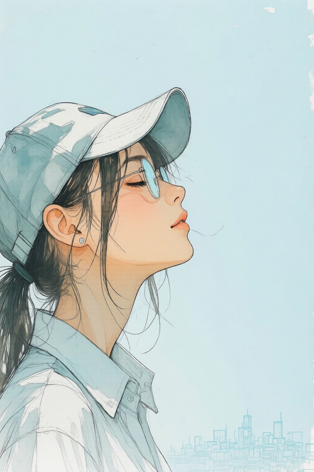 nijiwatercolor1q anime illustration. A young woman,  shown in side profile,  is wearing a light blue cap and a light-color...