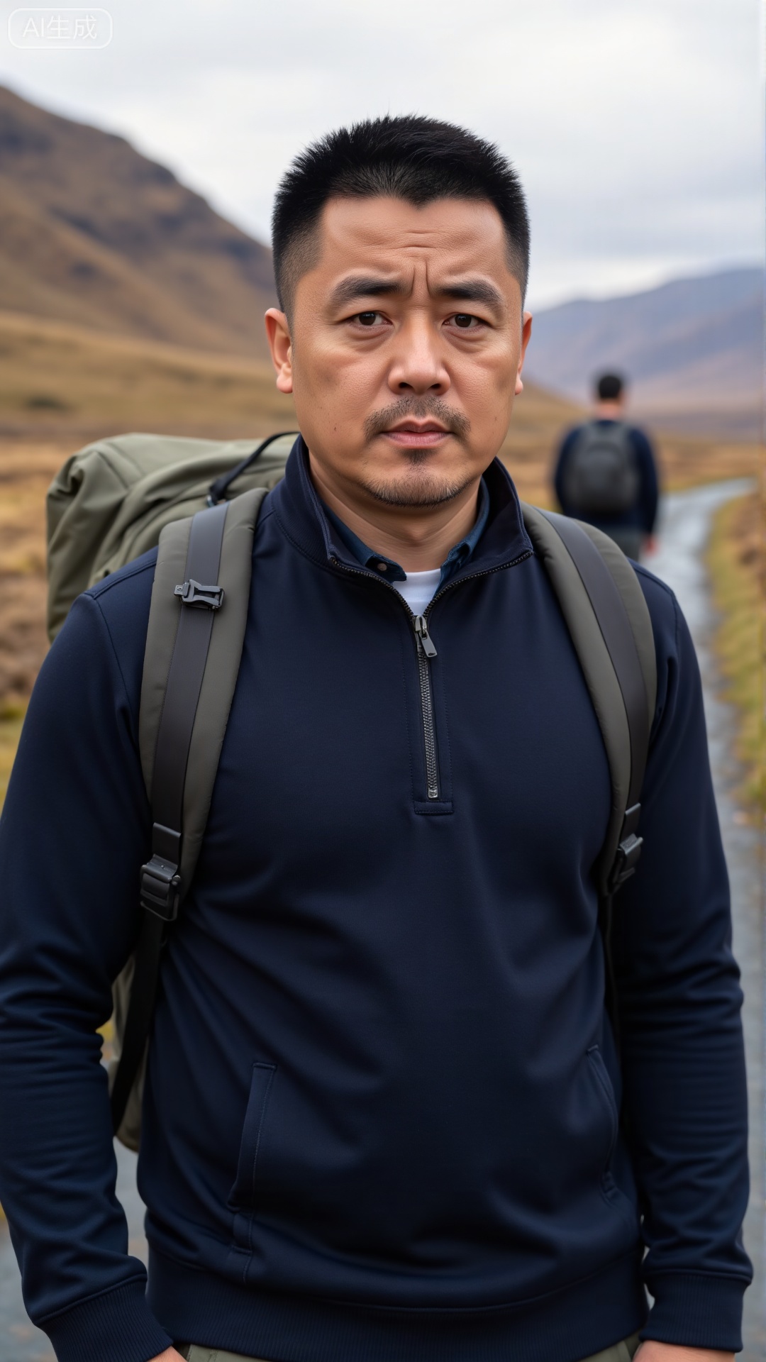 A 38-year-old man with thick, neat short hair, clad in a fitted dark sweater, standing on a windswept mountain path with a backpack slung over one shoulder, his brow slightly furrowed as he looks ahead, permeated with a resilient, adventurous masculinity