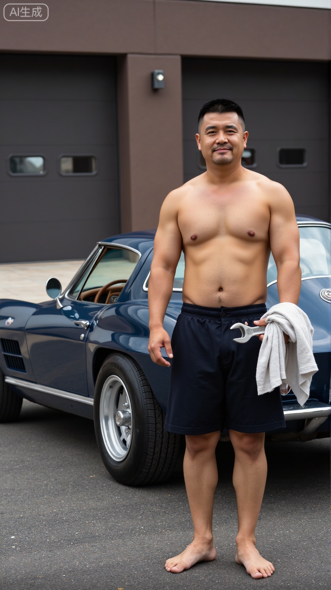 A 45-year-old man with thick short hair and fitted short sleeves stood next to a restored sports car, holding a wrench in his hand and a rag on his shoulder, explaining to the guests in front of him that his gestures fully reflect confidence and a faint, proud smile exudes a rough, capable manhood