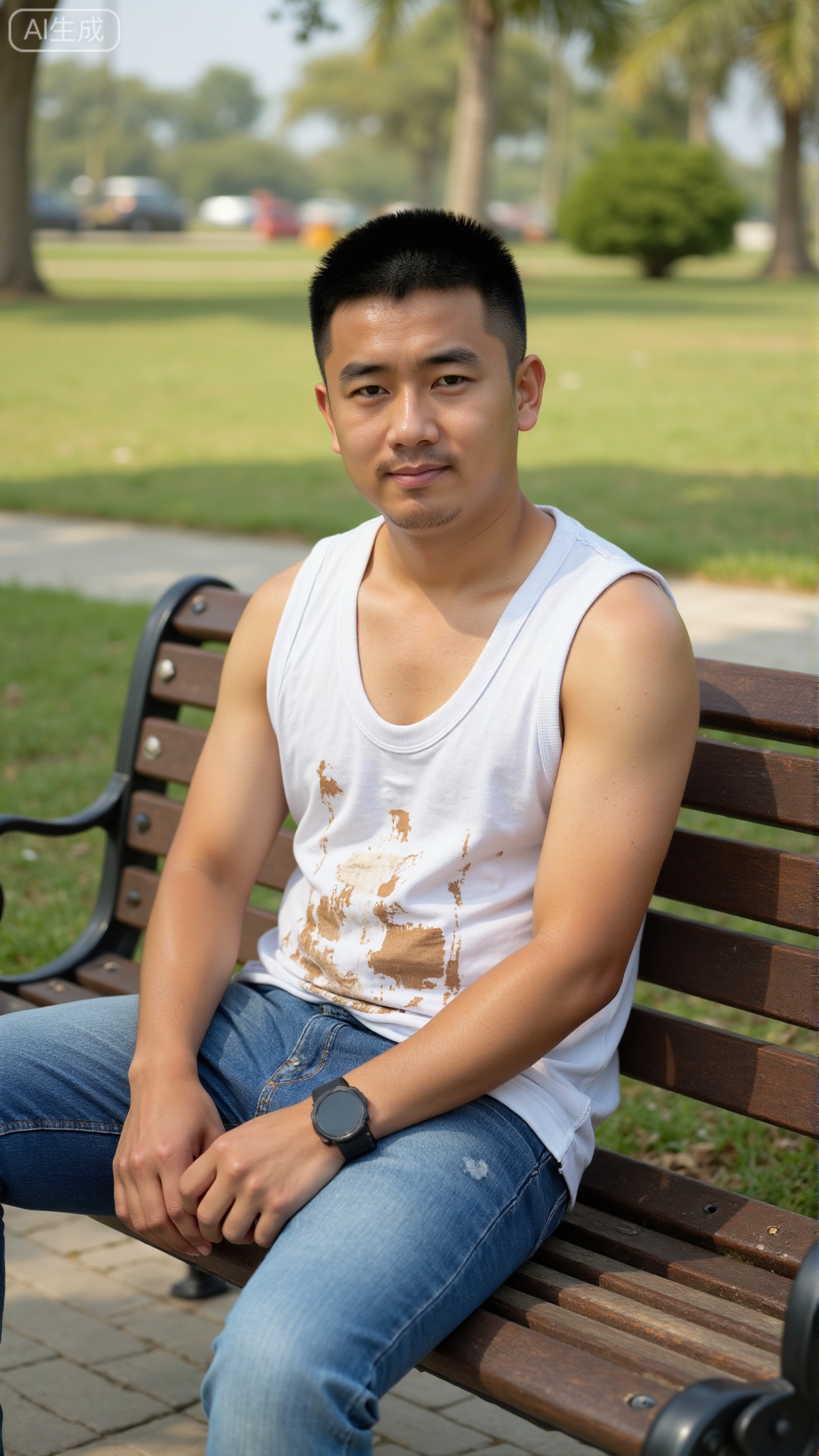 A young man wearing a shabby white vest sitting on a park bench, dressing artistic atmosphere