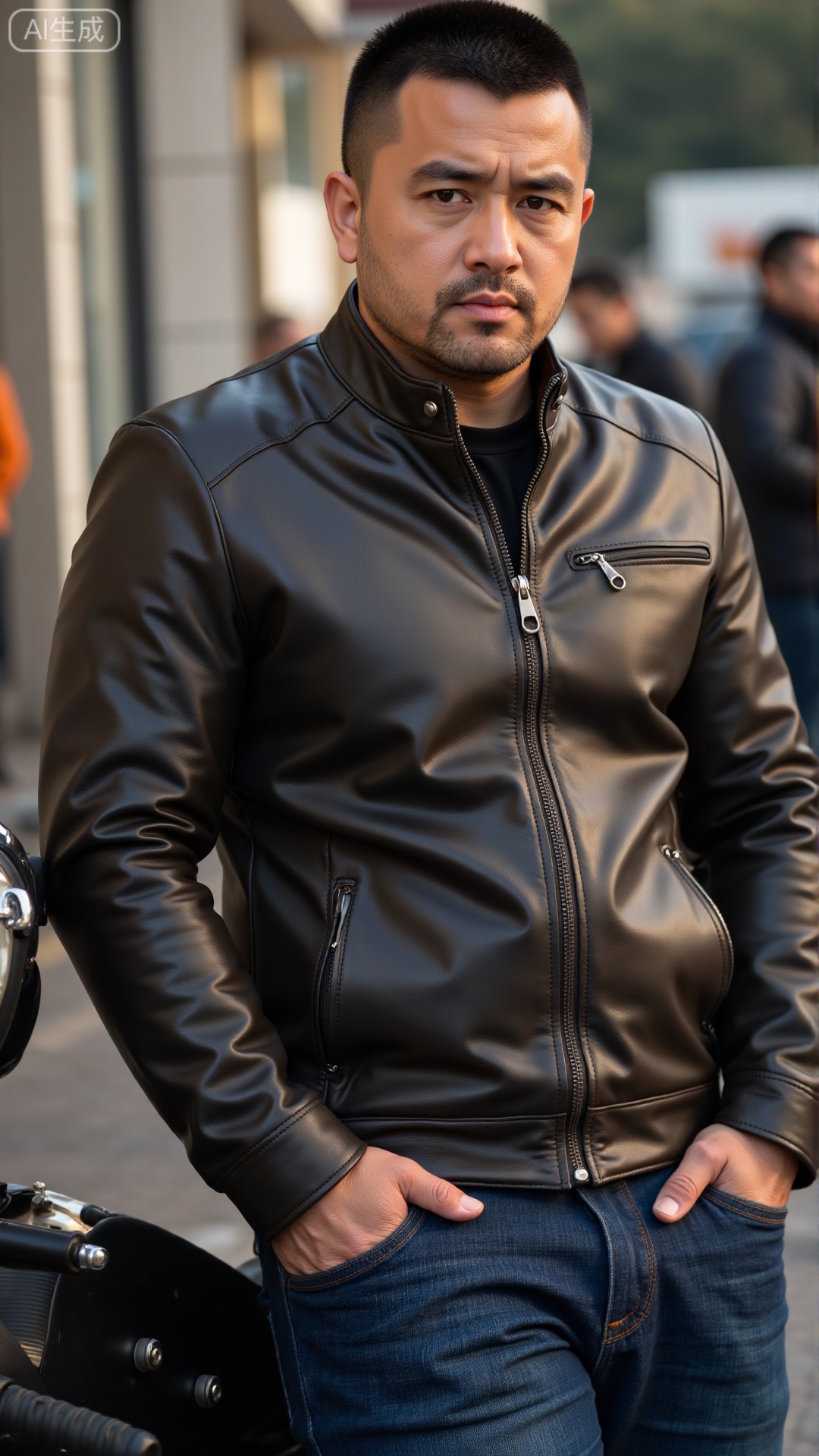 DYMAN,
A man in his 30s with neat short hair, wearing a well-fitted leather jacket, leaning against a vintage motorcycle, exuding a rugged masculinity