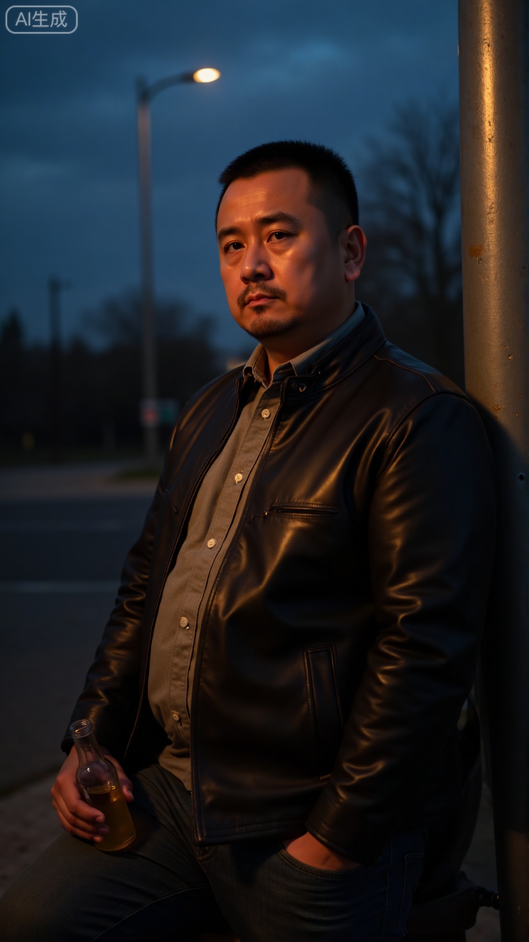 DYMAN,
A man in his early 40s with neat short hair, clad in a frayed leather jacket, leaning against a dim streetlamp at dusk, one hand loosely gripping a half-empty bottle, his gaze dull and lips pressed tight as if suppressing a long, heavy sigh, the weight of life's frustrations etched in the lines of his face
