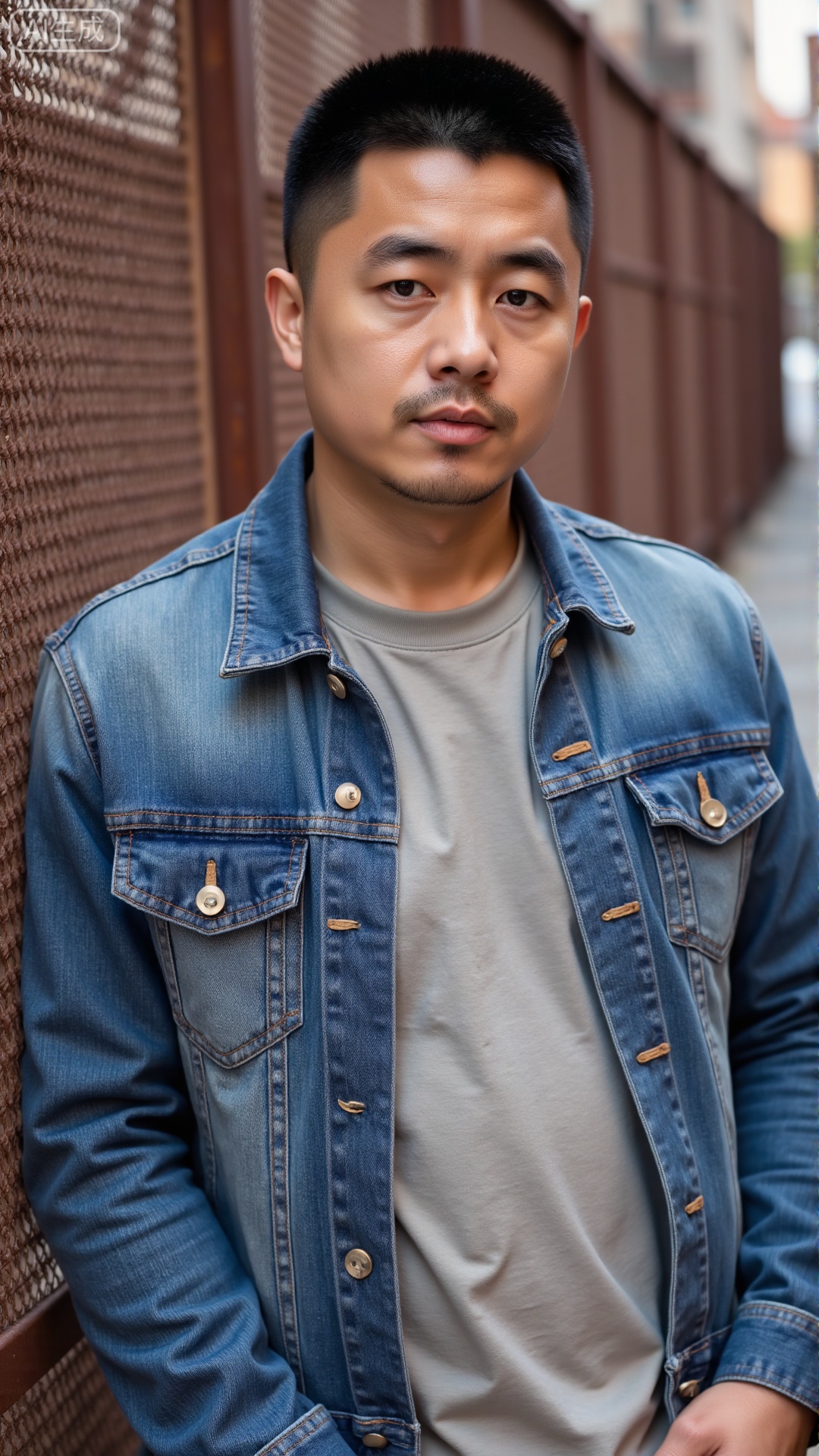 DYMAN,
A 30-year-old man with short, crisp hair, wearing a faded denim jacket over a plain t-shirt, leaning against a rusted metal fence in an industrial alley, his jawline sharp and gaze steady, oozing a raw, unpolished masculinity