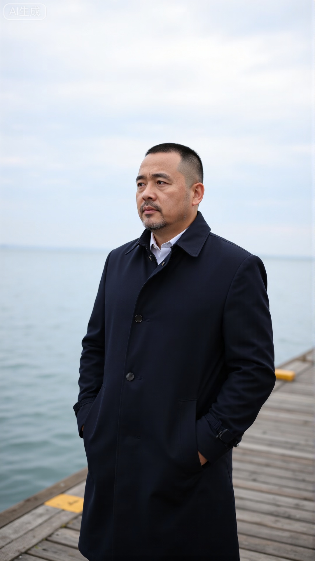 DYMAN,
A man over 35 with cropped short hair, donning a dark trench coat, standing at the edge of a dock with hands in pockets, gazing at the distant sea, permeated with a calm and composed masculinity