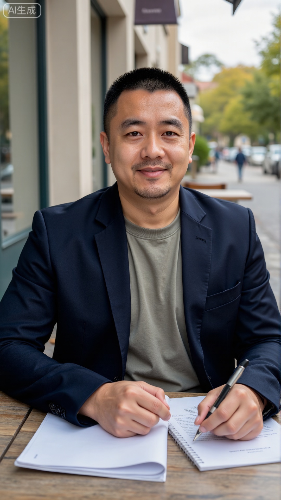 A 37-year-old man with neat short hair, dressed in a dark, tailored blazer over a plain tee, sitting at an outdoor café table with a book in one hand and a pen in the other, pausing to nod at a passing neighbor—calm in his posture and a thoughtful spark in his eye, permeated with a composed, approachable masculinity