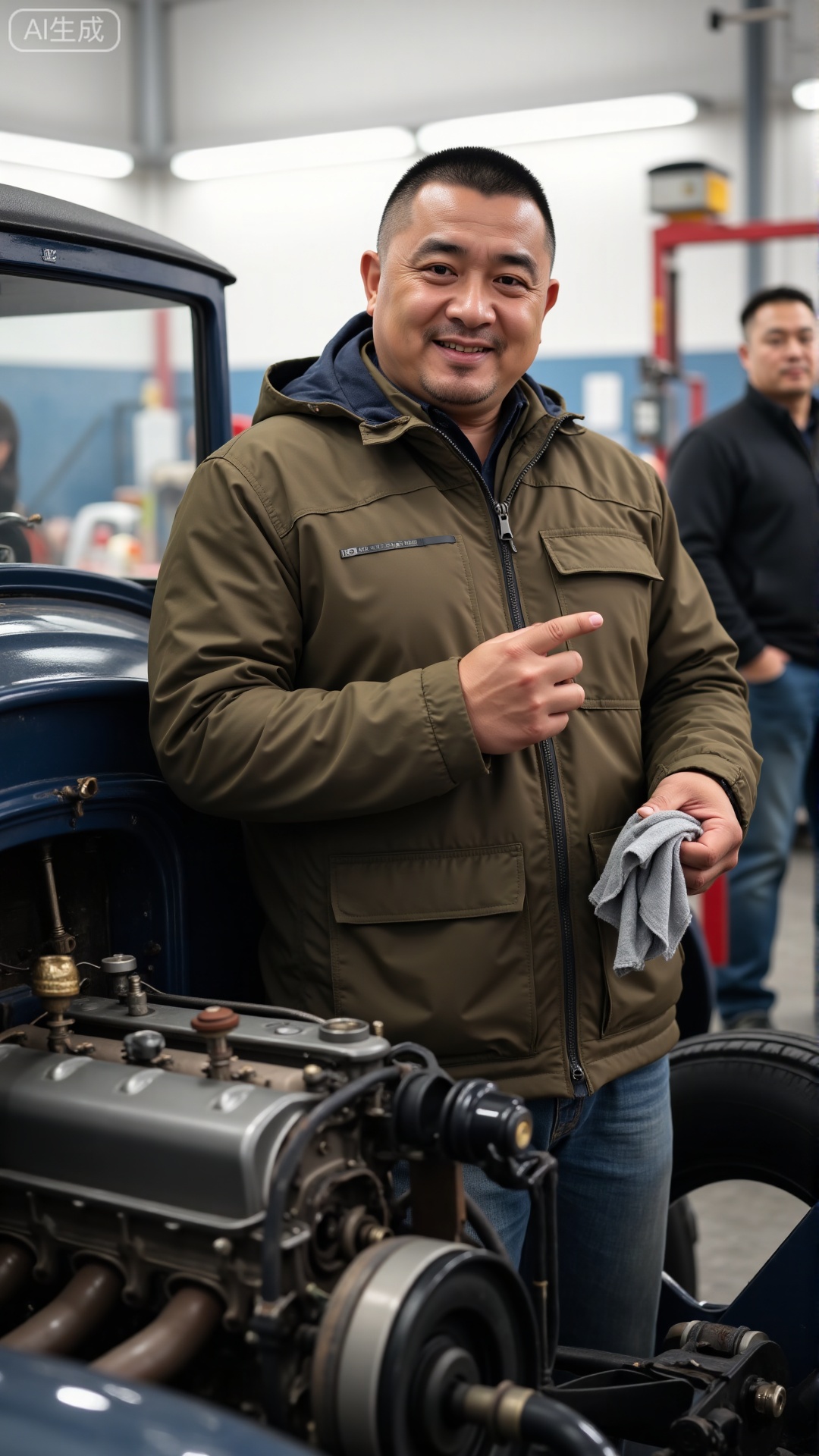 DYMAN,
A 45-year-old man with thick, cropped short hair, clad in a well-fitted mechanic’s jacket, standing beside a restored vintage car with a rag in his hand, explaining its engine to a curious ****—confidence in his gestures and a faint, proud grin, radiating a rugged, capable manliness