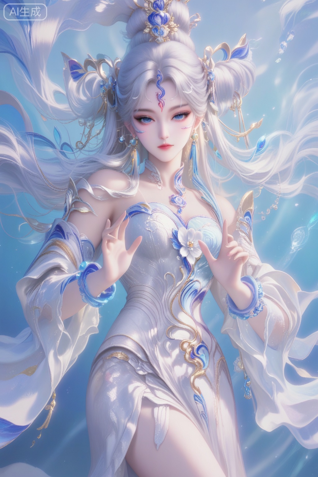 女娲蛇年限定,score_9,score_8_up,1girl, solo, long hair, blue eyes, hair ornament,  dress, bare shoulders, jewelry, white hair, earrings, detached sleeves, white dress, bracelet, facial mark, forehead mark,