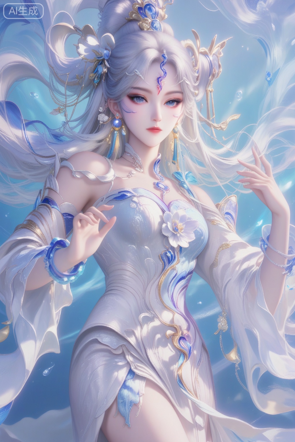 女娲蛇年限定,score_9,score_8_up,1girl, solo, long hair, blue eyes, hair ornament,  dress, bare shoulders, jewelry, white hair, earrings, detached sleeves, white dress, bracelet, facial mark, forehead mark,