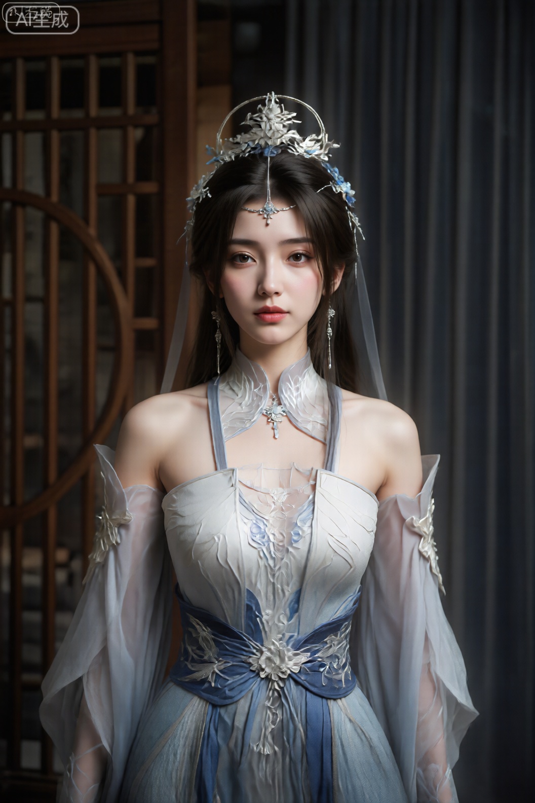 该图像的特色是一个穿着精心设计的服装的人,似乎受到传统或幻想美学的启发。这款服装是一件无肩带连衣裙,配有合身的紧身胸衣,具有精致的刺绣和白色和浅蓝色的色调。这件连衣裙的领口高,上面装饰着花朵和叶子图案,并且有悬垂的袖子悬垂在肩膀和手臂上。 该人还戴着一个华丽的头饰,其中包括一个圆形框架,上面装饰有银色和蓝色花卉元素,中间有一个悬挂的吊坠。长而悬空的耳环补充了头饰。 在背景中,有一个带有垂直板条的木结构,可能是传统建筑物或装饰元素的一部分,以及带有垂直线条的黑暗窗帘。照明很柔软,突出了服装和配饰的细节