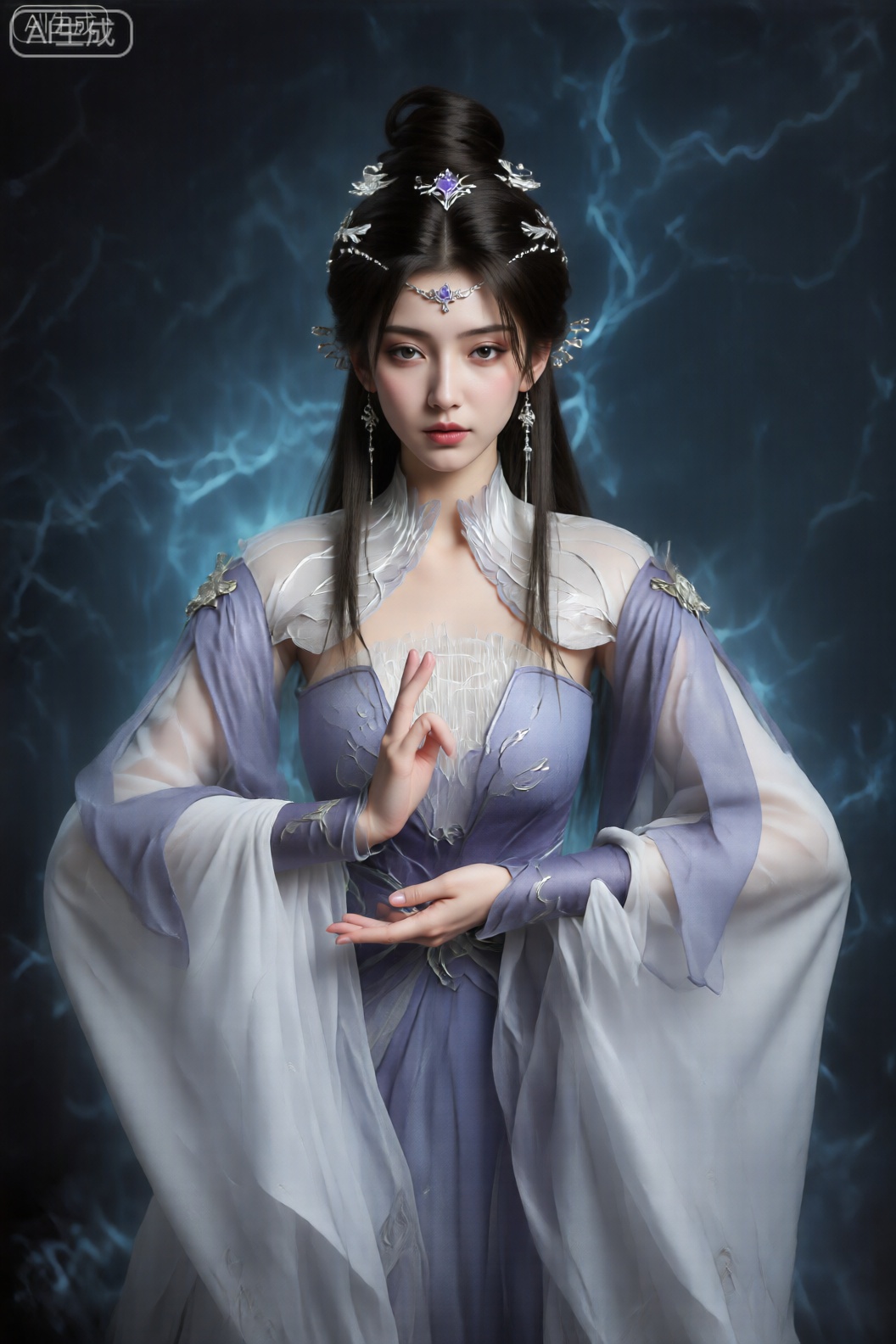 该图像用详细的,幻想风格的服装描绘了一个人物,以蓝色和白色的电气样图案设置在黑暗的空灵背景上。该人物的着装是流动和结构化元素的结合,主要是白色和薰衣草配色方案。服装的上部设有一个安装的薰衣草紧身胸衣,并在领口处有复杂的银色点缀和精致的白色蕾丝饰边。袖子又长又巨大,从肩膀上的薰衣草过渡到袖口上的白色,上面装饰有银色的口音和花卉图案。人物的手放在优美的手势中,一只手举起手,手指伸开,暗示着神奇或仪式的姿势。头发在精美的更新中造型,上面装饰有银色和薰衣草发夹和中央装饰品,并以长而直的头发从侧面层叠在一起。总体美学是优雅而神秘的,非常重视幻想和魔术。在左上角,有一个带有字符“ AI生成”的小文本框,表明该图像是由AI生成的。