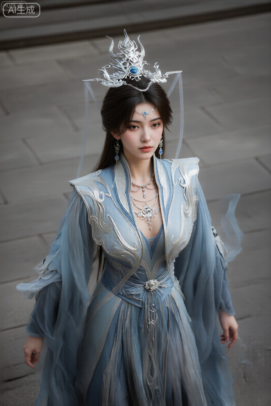 该图像描绘了一个穿着精心幻想风格的服装的人。服装主要由浅蓝色和银色的色调组成,具有复杂的设计和流动的元素。这件衣服包括一个高领的,分层的背心,带有华丽的银色图案和深层V颈线,揭示了一部分胸部。袖子宽阔且毛茸茸,由浅蓝色的织物制成,为衣服增添了动感感。 该人装饰有多件珠宝：一条带有泪珠形吊坠的精致项链,一个带有小宝石的雪橇裤和长而悬空的耳环,最后有蓝色的宝石。最引人注目的配件是一个大型银头饰,类似于具有风格化的龙或凤凰,带有尖锐,向上曲的点和中央蓝色宝石。 背景是一个铺成的室外表面,具有中性,灰色的色调,与充满活力和详细的服装形成鲜明对比。总体构图表明了一个幻想或历史类型的角色,强调优雅和超凡的感觉。