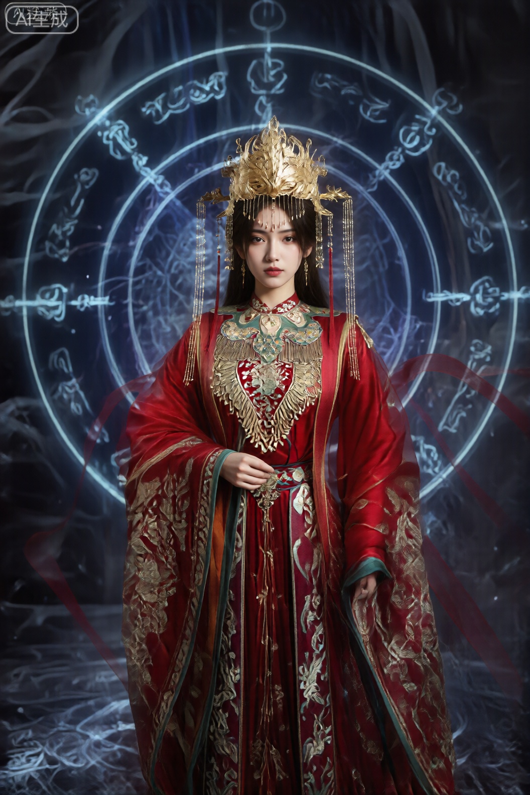 该图像以精心制作的中国婚礼服装为特色。这款服装是一件丰富的红色长袍,上面装饰着复杂的金色和绿色绣花,包括花卉和凤凰图案。该人戴着金色的头饰,上面有悬挂的装饰品和匹配的项链。背景展示了带有旋转,神秘设计和符号的发光的圆形蓝色图案。,。整个场景将历史服装细节与梦幻般的神奇氛围融为一体。