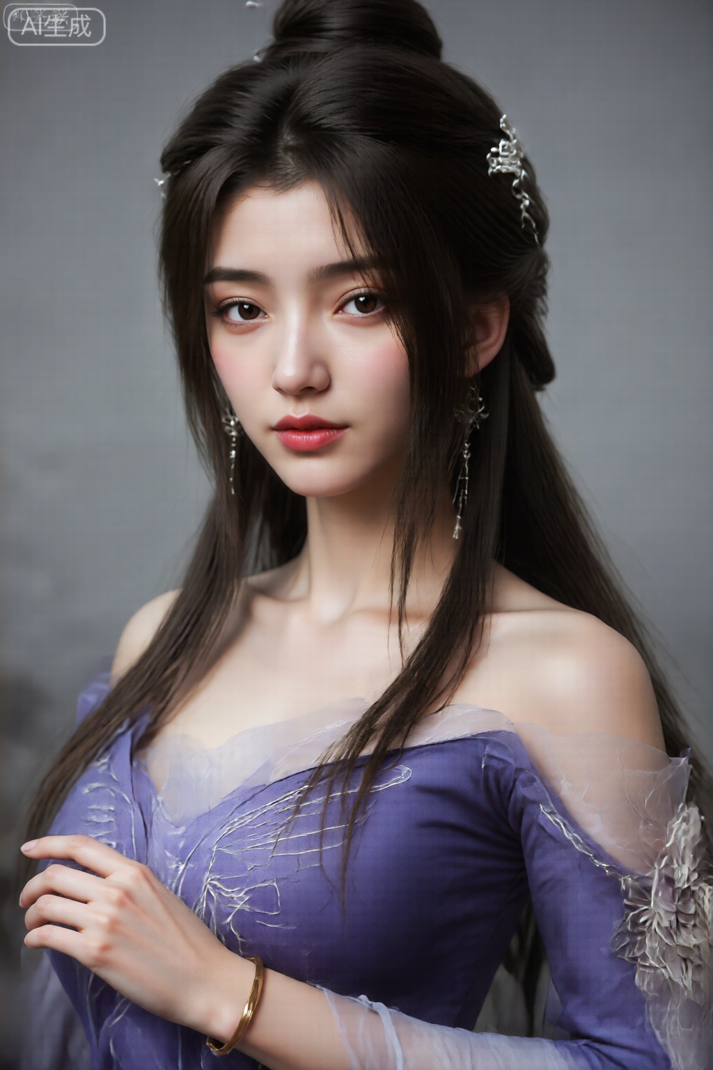 上半身照片,该图像描绘了一个年轻女子,长长的深色头发在高度上造型,有几条松散的绳子构成了她的脸。她穿着一件紫色的露肩连衣裙,肩膀上有精致的白线图案和花卉装饰。她的妆容柔软,具有自然的外观,具有定义的眉毛,微妙的眼影和鲜红色的唇膏。她的手腕上有长长的耳环和金手镯。当她直接看着相机时,她的表情很平静,稍微沉思。,李慕婉