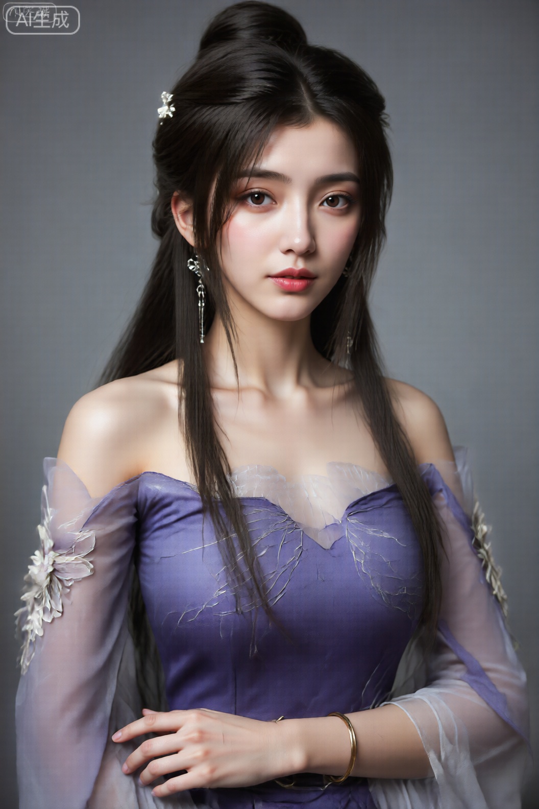 全身照片,该图像描绘了一个年轻女子,长长的深色头发在高度上造型,有几条松散的绳子构成了她的脸。她穿着一件紫色的露肩连衣裙,肩膀上有精致的白线图案和花卉装饰。她的妆容柔软,具有自然的外观,具有定义的眉毛,微妙的眼影和鲜红色的唇膏。她的手腕上有长长的耳环和金手镯。。,李慕婉