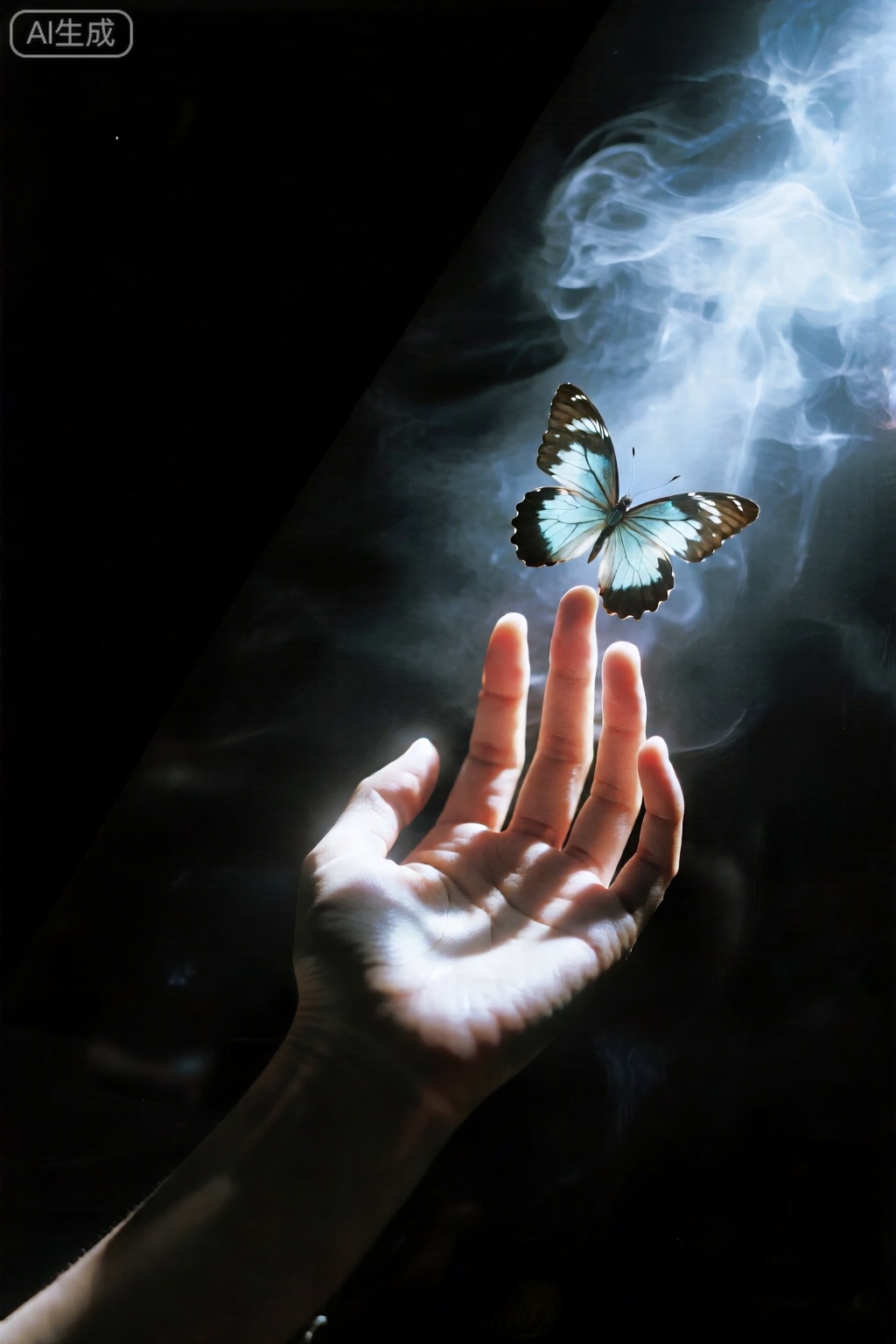画面营造出一种神秘而唯美的氛围。深沉的暗调背景中,弥漫着淡淡的烟雾,增添了朦胧之感。一束光线从上方或侧方洒下,照亮了一只手和一只蝴蝶。 手位于画面下方,掌心向上,手指自然伸展,姿态轻柔且充满善意,仿佛在温柔地托举或迎接蝴蝶。手部肌肤在光线的勾勒下,呈现出柔和的轮廓与细腻的质感。 一只蝴蝶停在手指上方,翅膀轻薄透明,纹理清晰可见,在光线的映照下泛着微光,宛如一件精致的艺术品。蝴蝶的存在为画面增添了灵动与生机,使其充满诗意。 整体画面通过光影、烟雾与主体的巧妙结合,传递出一种宁静、温柔且略带梦幻的情感,仿佛在诉说人与自然间微妙而美好的联系,令人心生向往。