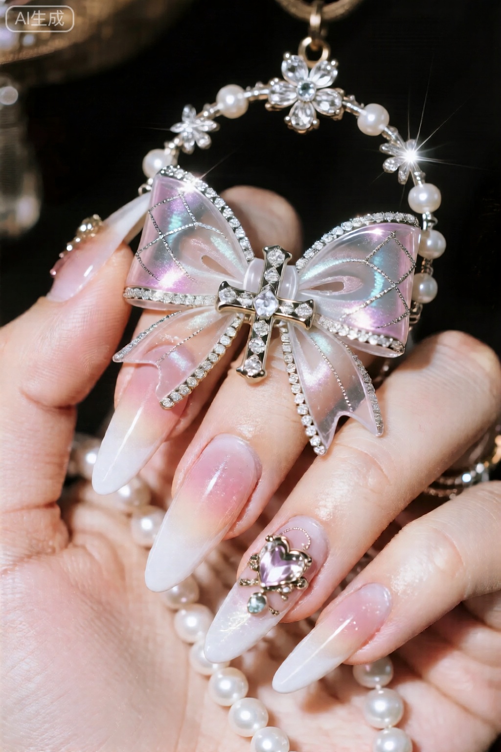 裸粉渐变、透明感、法式穿戴甲、蝴蝶结立体饰品、珍珠边线、银色十字网格、闪粉渐变、钻石花环、甜美优雅、公主风、美甲图文、手模展示、高级感、A美甲图、温柔风、美甲挂车图、精致穿搭感、适合约会、细节控必入、显白款式