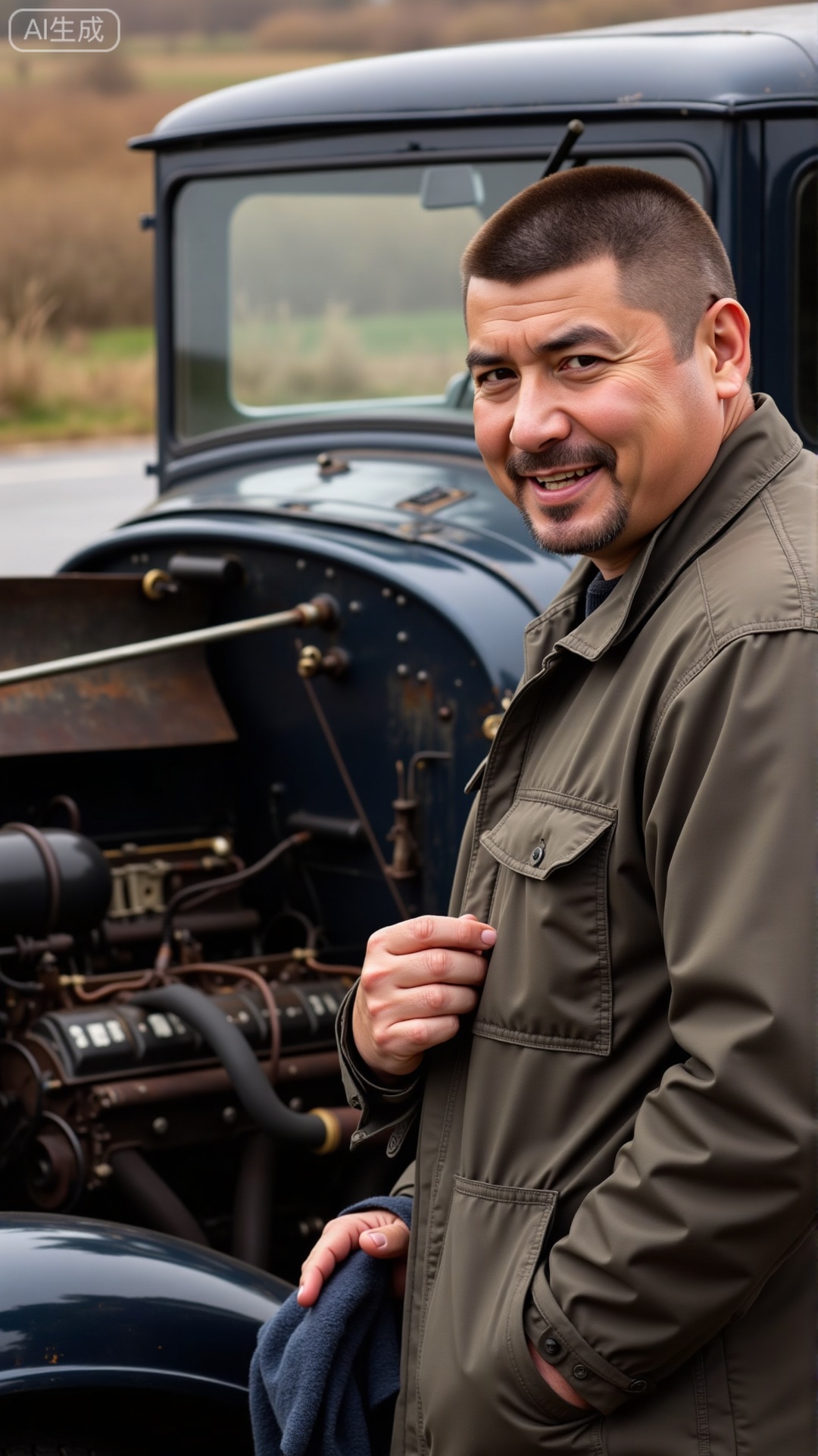 A 45-year-old man with thick, cropped short hair, clad in a well-fitted mechanic’s jacket, standing beside a restored vintage car with a rag in his hand, explaining its engine to a curious ****—confidence in his gestures and a faint, proud grin, radiating a rugged, capable manliness