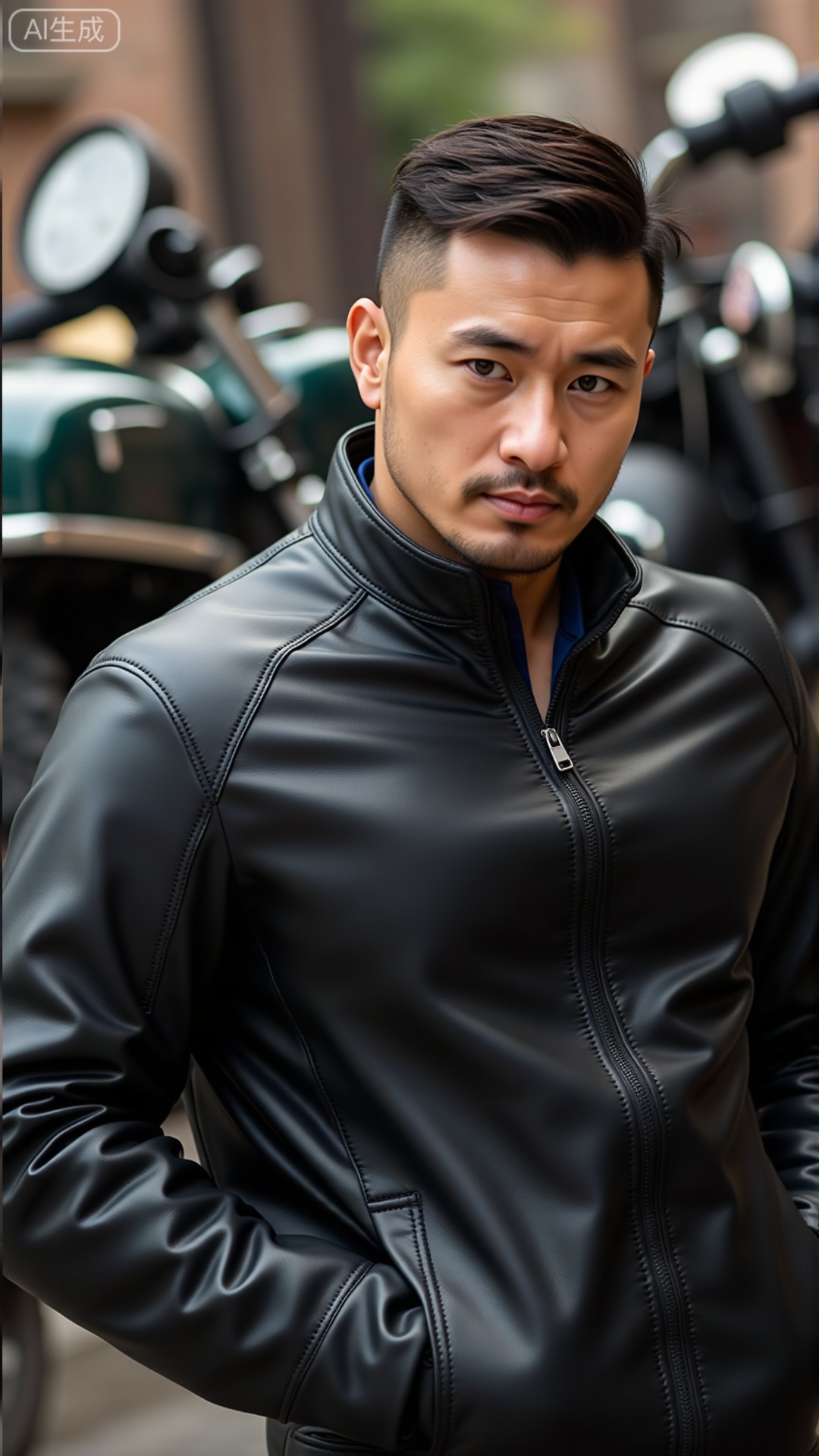 DYMAN, A man in his 30s with neat short hair, wearing a well-fitted leather jacket, leaning against a vintage motorcycle, exuding a rugged masculinity