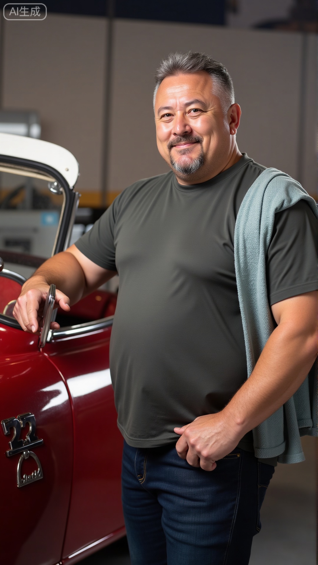 A 45-year-old man with thick short hair and fitted short sleeves stood next to a restored sports car, holding a wrench in his hand and a rag on his shoulder, explaining to the guests in front of him that his gestures fully reflect confidence and a faint, proud smile exudes a rough, capable manhood