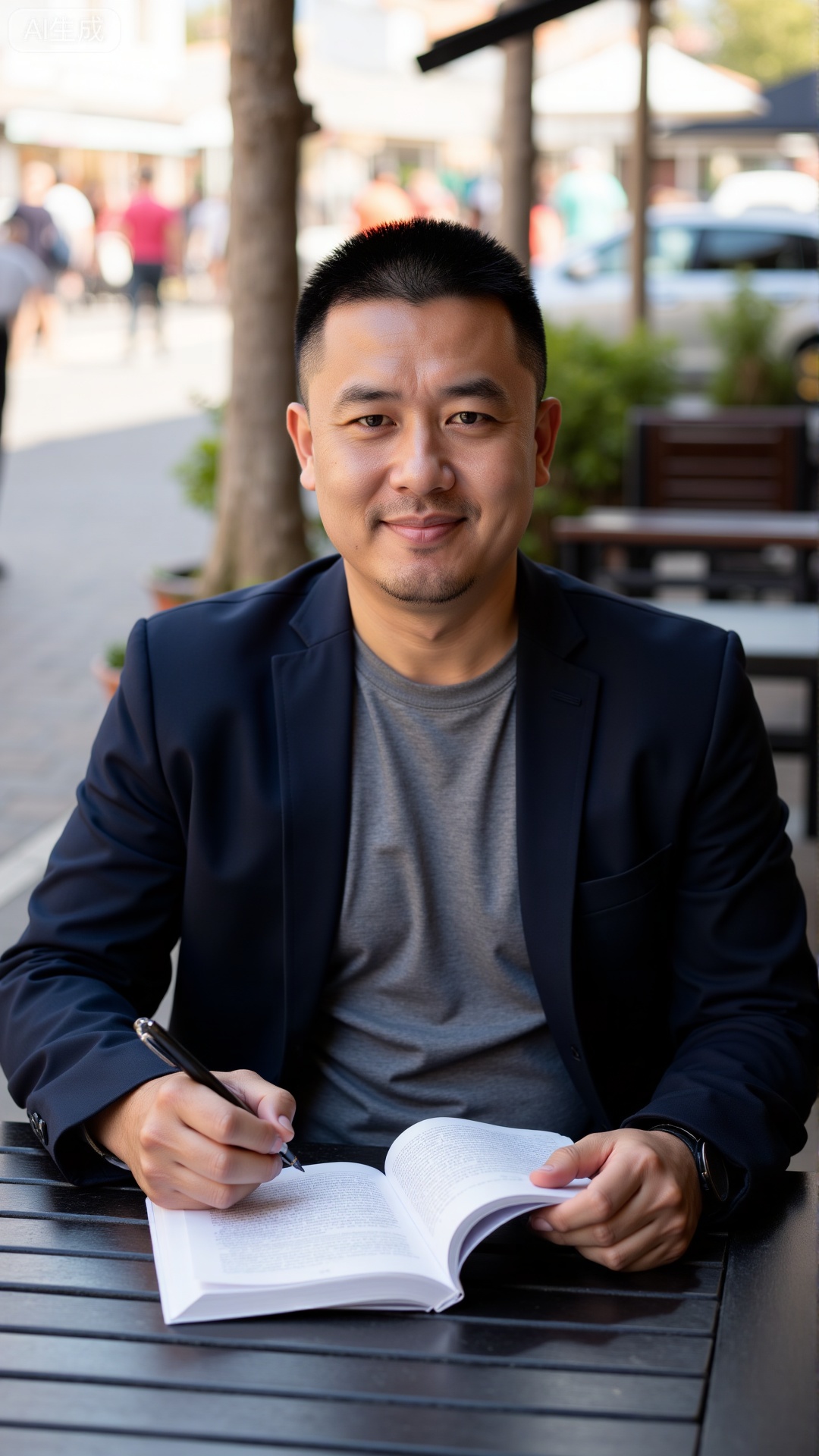A 37-year-old man with neat short hair, dressed in a dark, tailored blazer over a plain tee, sitting at an outdoor café table with a book in one hand and a pen in the other, pausing to nod at a passing neighbor—calm in his posture and a thoughtful spark in his eye, permeated with a composed, approachable masculinity