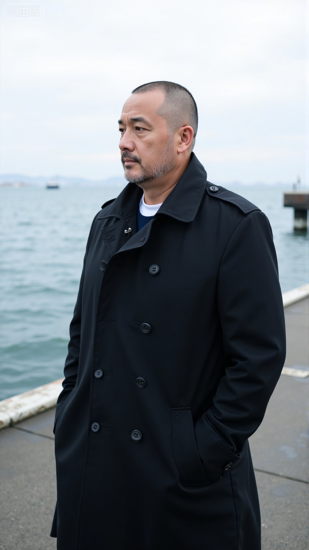 DYMAN, A man over 35 with cropped short hair, donning a dark trench coat, standing at the edge of a dock with hands in pockets, gazing at the distant sea, permeated with a calm and composed masculinity