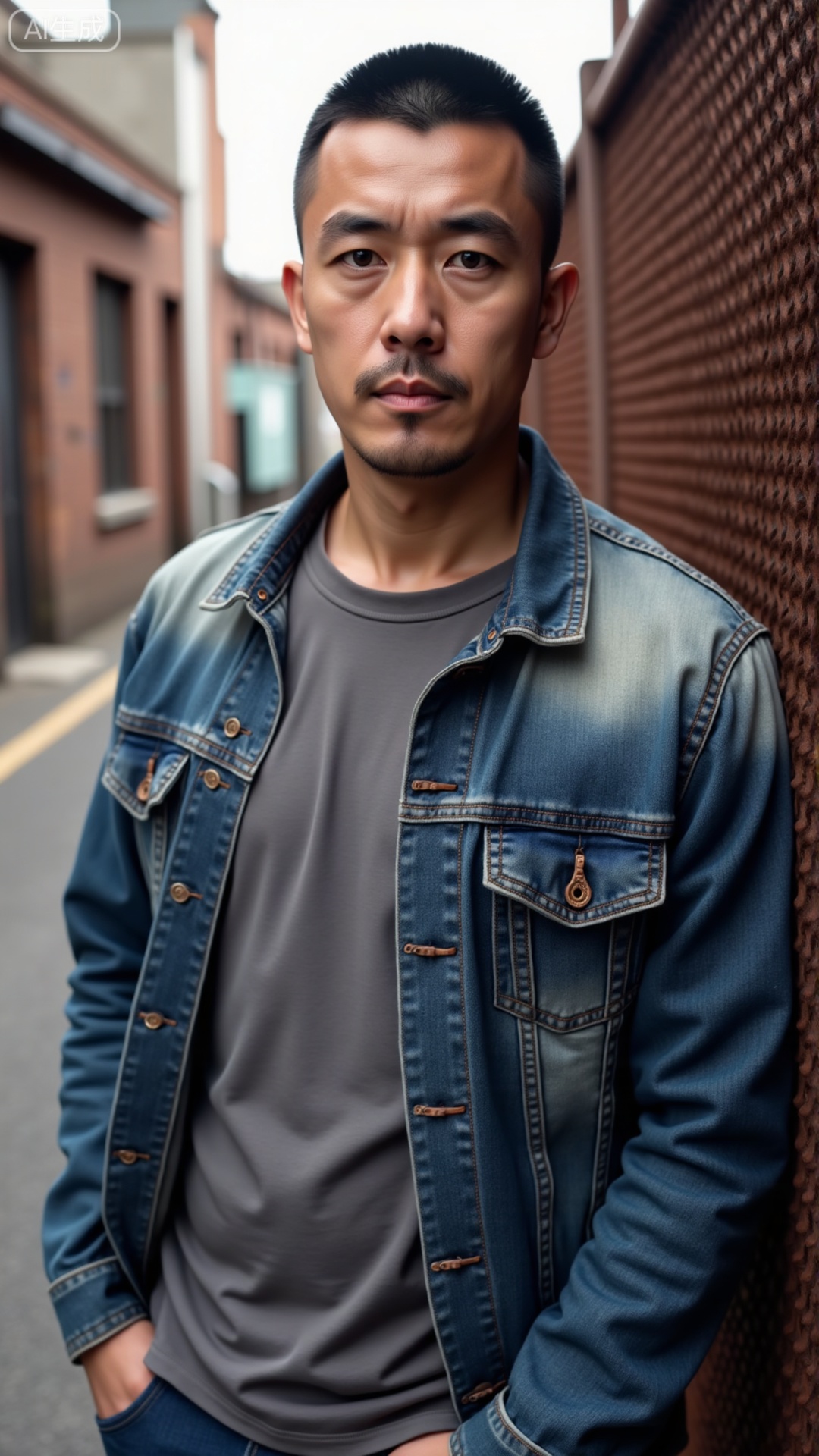 DYMAN, A 30-year-old man with short, crisp hair, wearing a faded denim jacket over a plain t-shirt, leaning against a rusted metal fence in an industrial alley, his jawline sharp and gaze steady, oozing a raw, unpolished masculinity