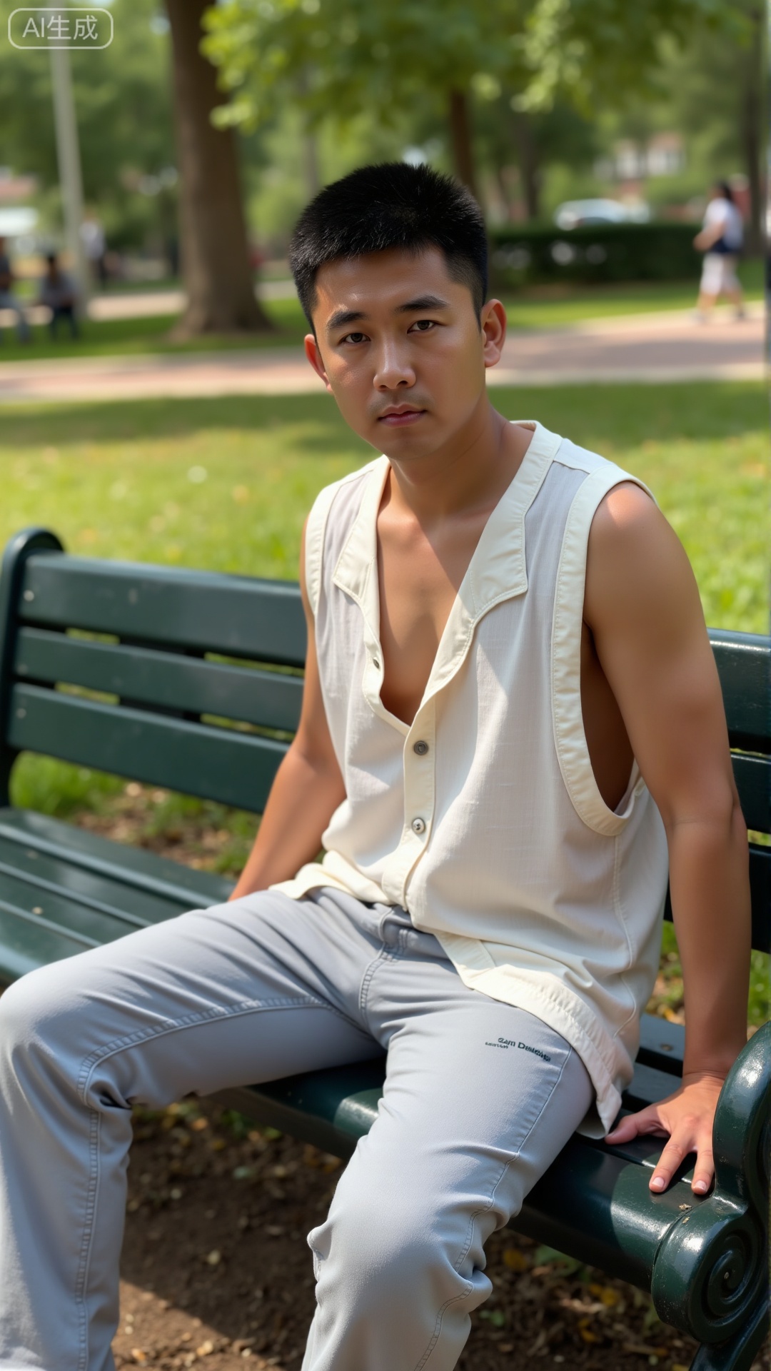 DYMAN, A young man wearing a shabby white vest sitting on a park bench, dressing artistic atmosphere