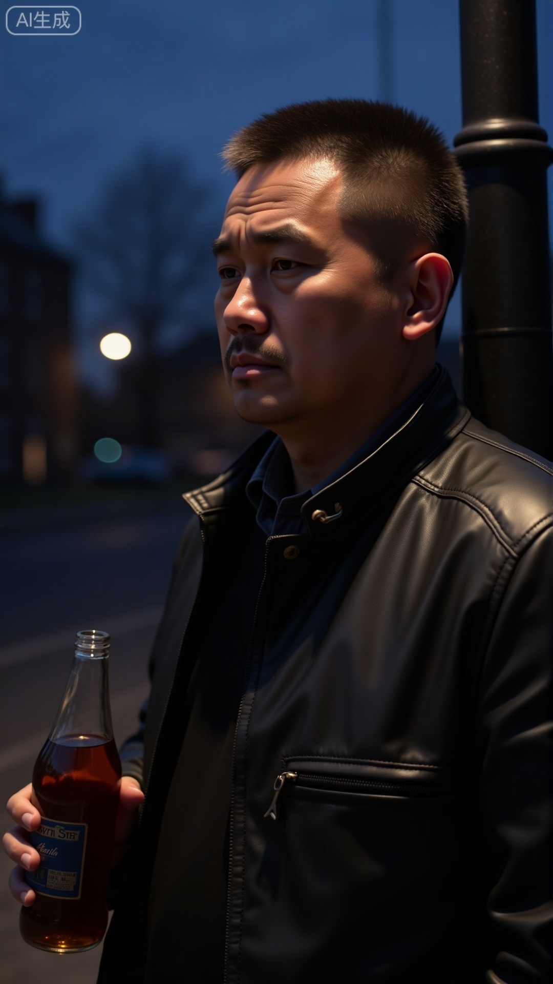 A man in his early 40s with neat short hair, clad in a frayed leather jacket, leaning against a dim streetlamp at dusk, one hand loosely gripping a half-empty bottle, his gaze dull and lips pressed tight as if suppressing a long, heavy sigh, the weight of life's frustrations etched in the lines of his face