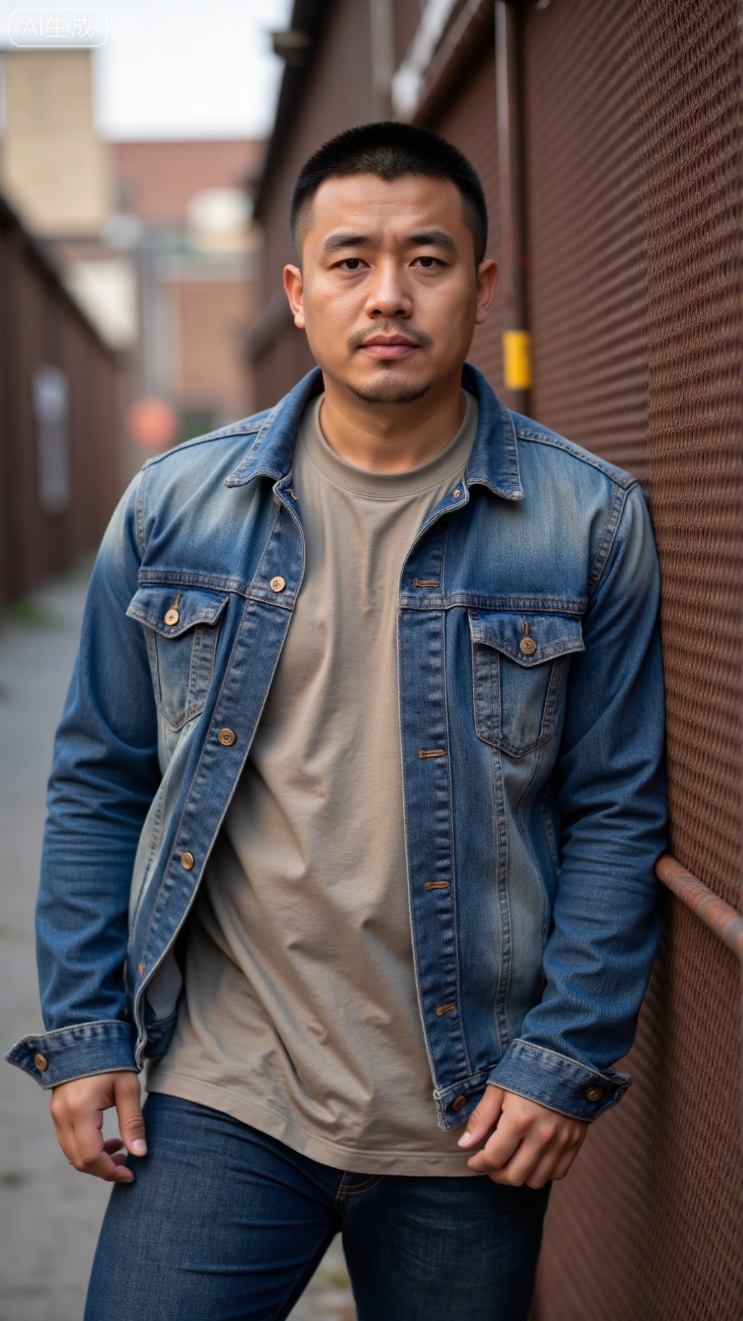 DYMAN, A 30-year-old man with short, crisp hair, wearing a faded denim jacket over a plain t-shirt, leaning against a rusted metal fence in an industrial alley, his jawline sharp and gaze steady, oozing a raw, unpolished masculinity
