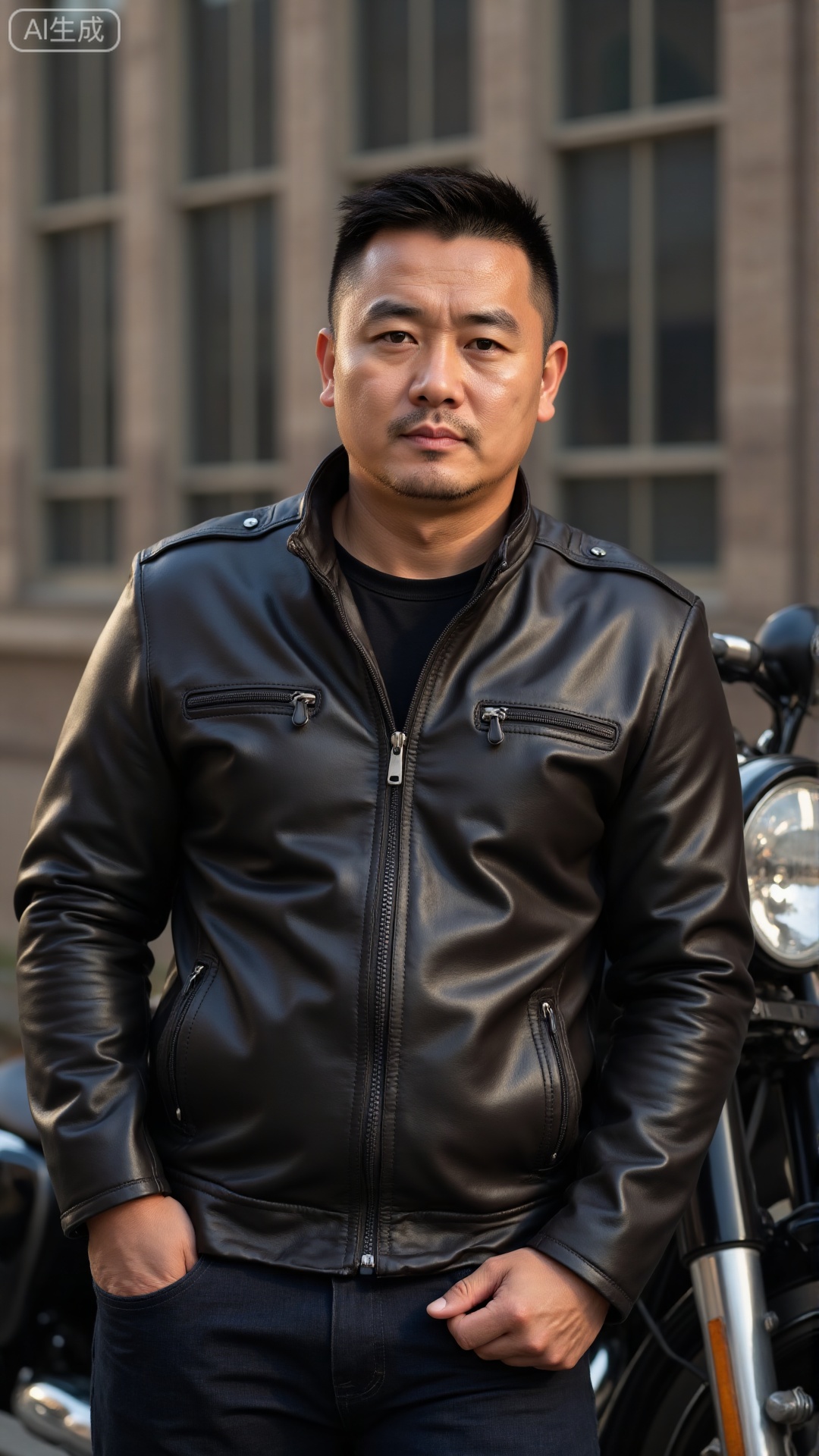 DYMAN, A man in his 30s with neat short hair, wearing a well-fitted leather jacket, leaning against a vintage motorcycle, exuding a rugged masculinity
