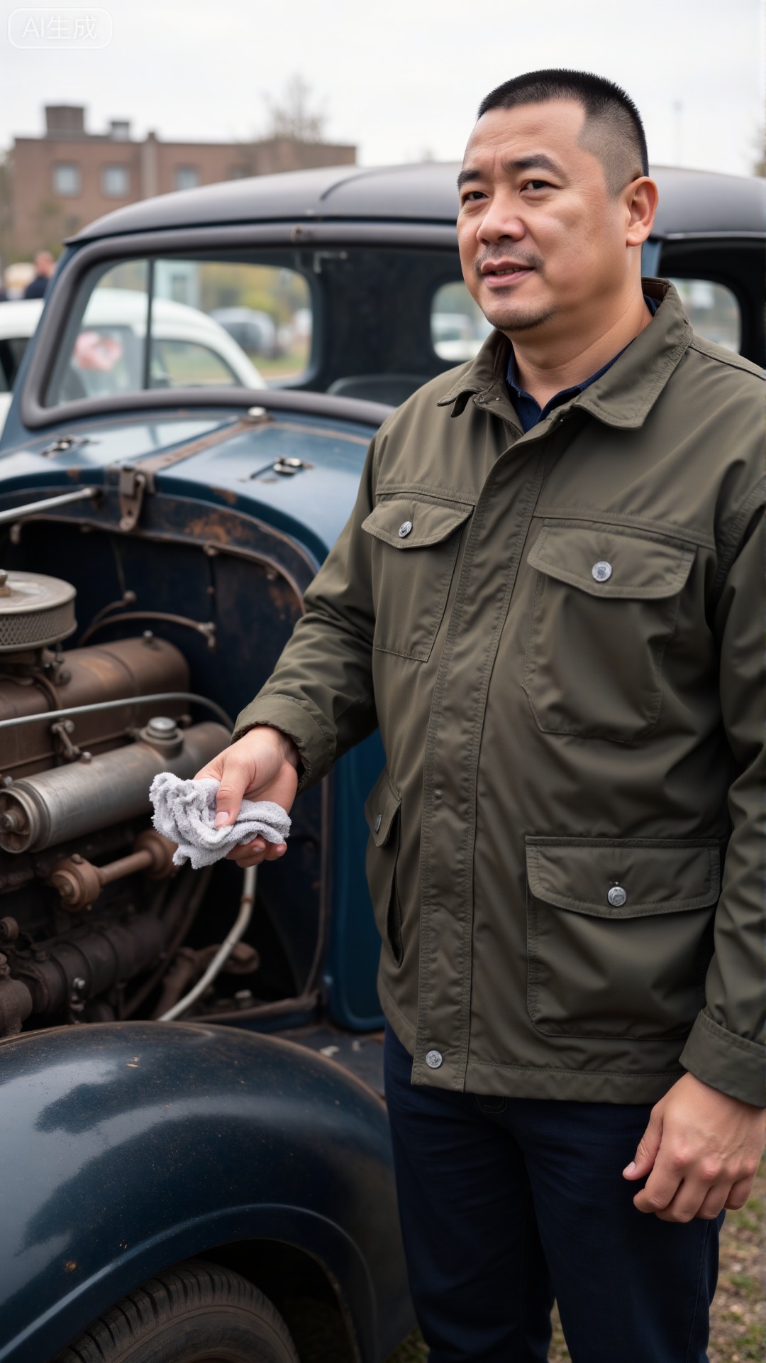 DYMAN, A 45-year-old man with thick, cropped short hair, clad in a well-fitted mechanic’s jacket, standing beside a restored vintage car with a rag in his hand, explaining its engine to a curious ****—confidence in his gestures and a faint, proud grin, radiating a rugged, capable manliness