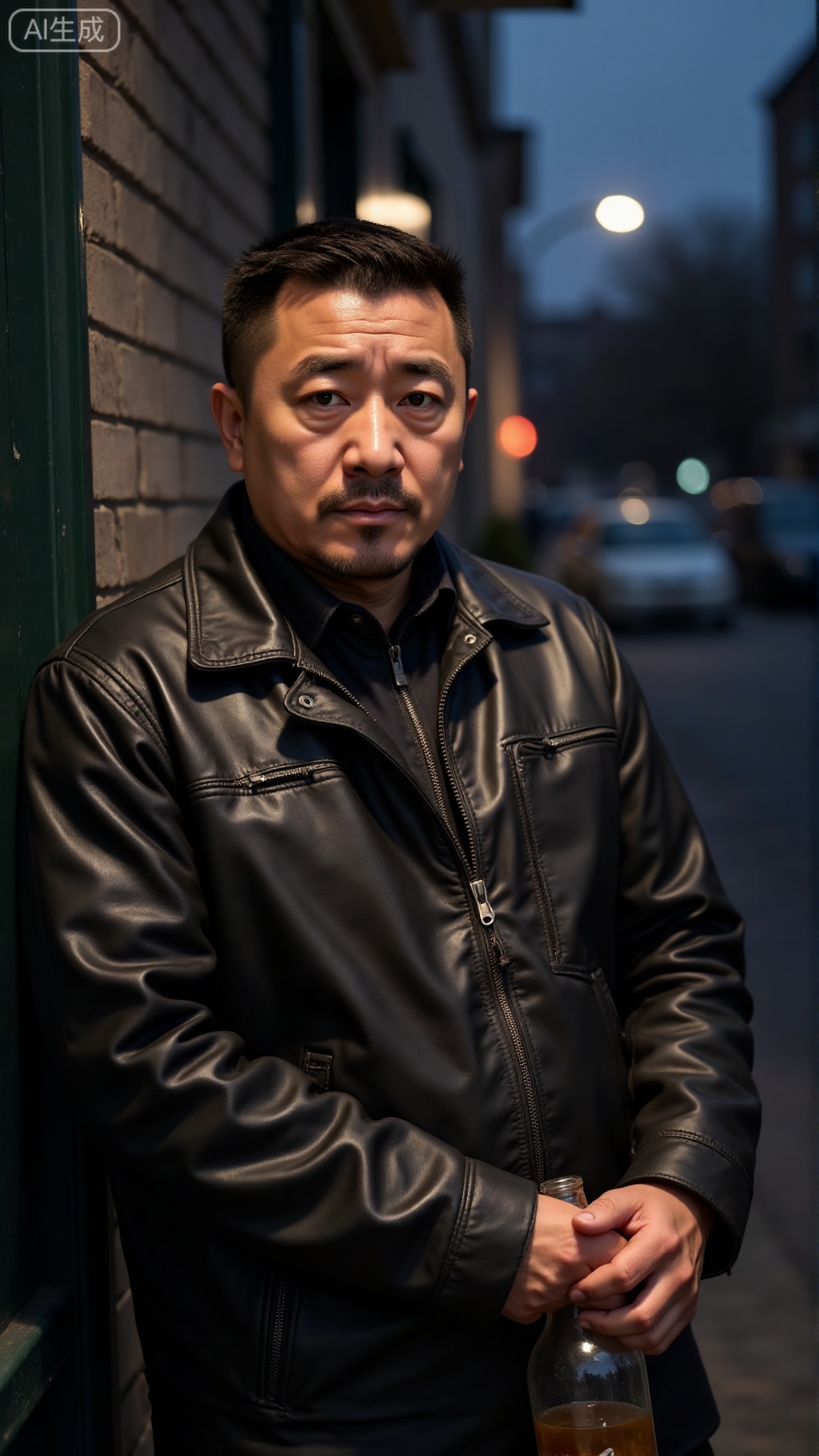 DYMAN, A man in his early 40s with neat short hair, clad in a frayed leather jacket, leaning against a dim streetlamp at dusk, one hand loosely gripping a half-empty bottle, his gaze dull and lips pressed tight as if suppressing a long, heavy sigh, the weight of life's frustrations etched in the lines of his facemasculinity