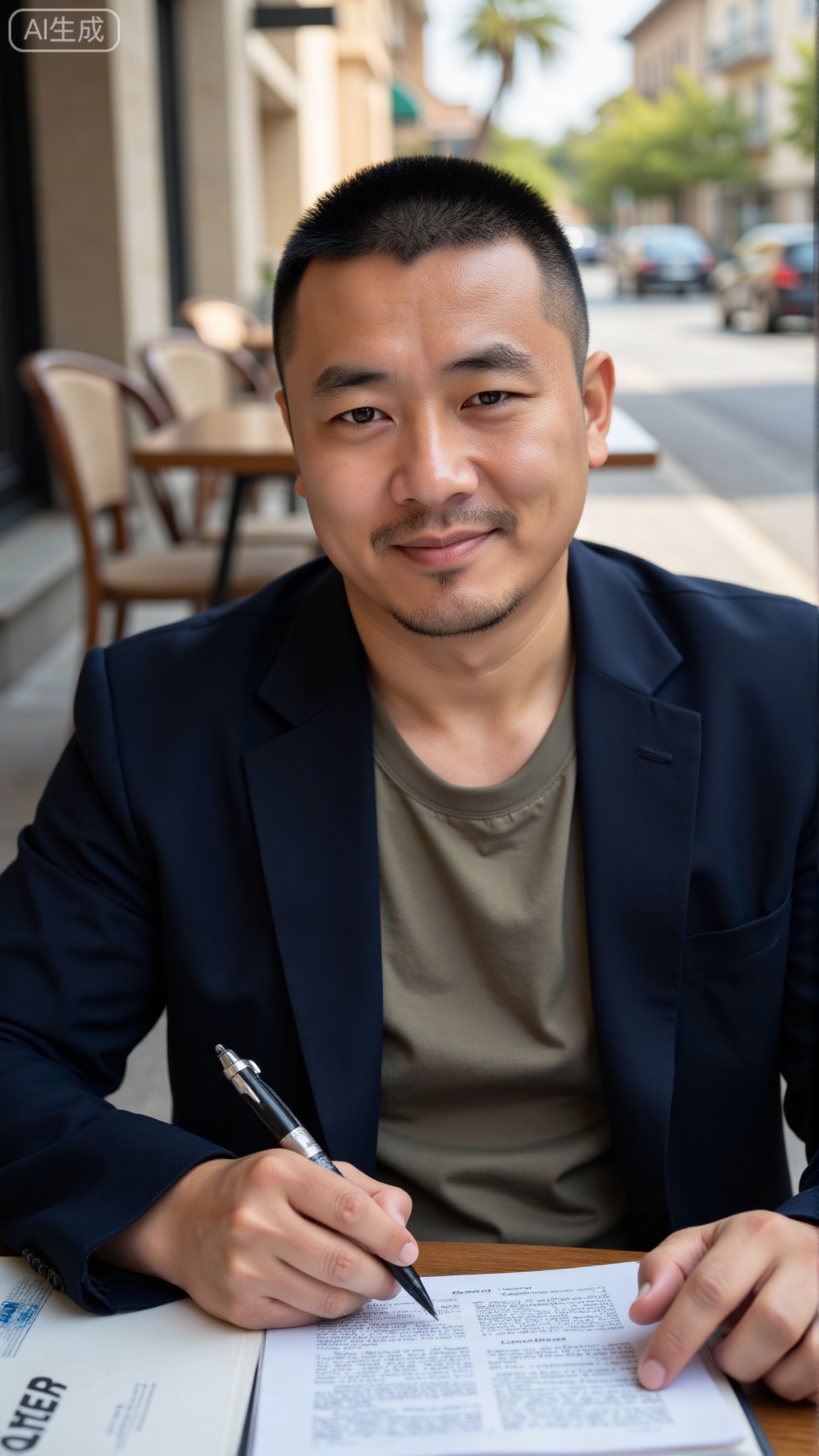 DYMAN, A 37-year-old man with neat short hair, dressed in a dark, tailored blazer over a plain tee, sitting at an outdoor café table with a book in one hand and a pen in the other, pausing to nod at a passing neighbor—calm in his posture and a thoughtful spark in his eye, permeated with a composed, approachable masculinity