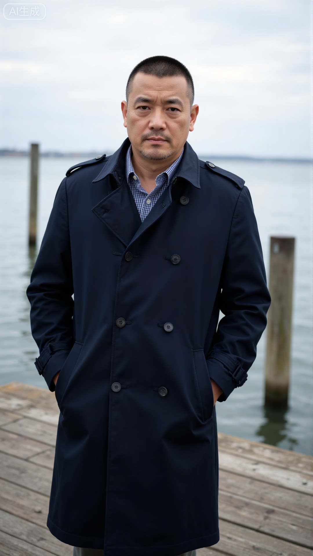 DYMAN, A man over 35 with cropped short hair, donning a dark trench coat, standing at the edge of a dock with hands in pockets, gazing at the distant sea, permeated with a calm and composed masculinity
